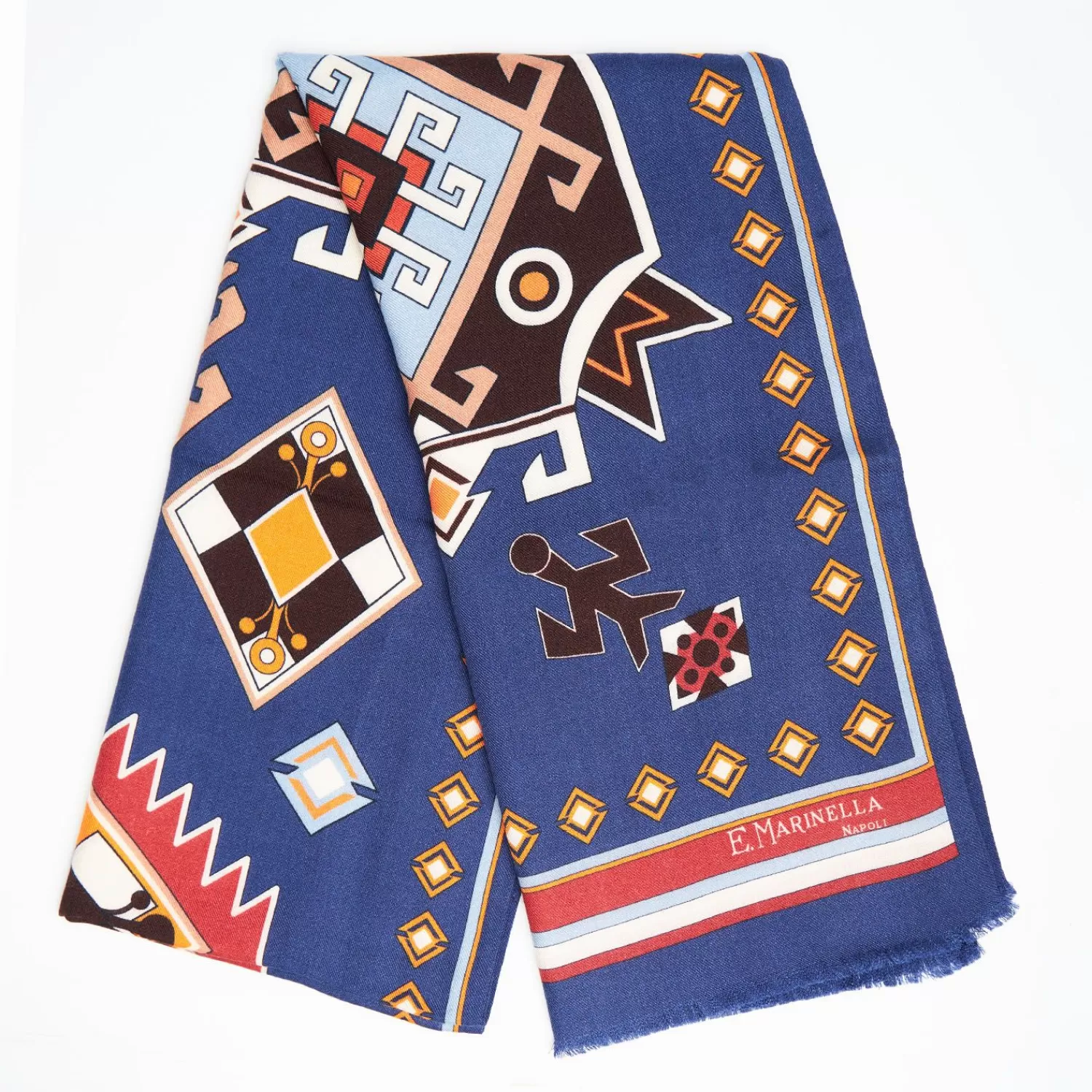 Blue Wool And Silk Scarf With Geometric Design>E.Marinella Sale