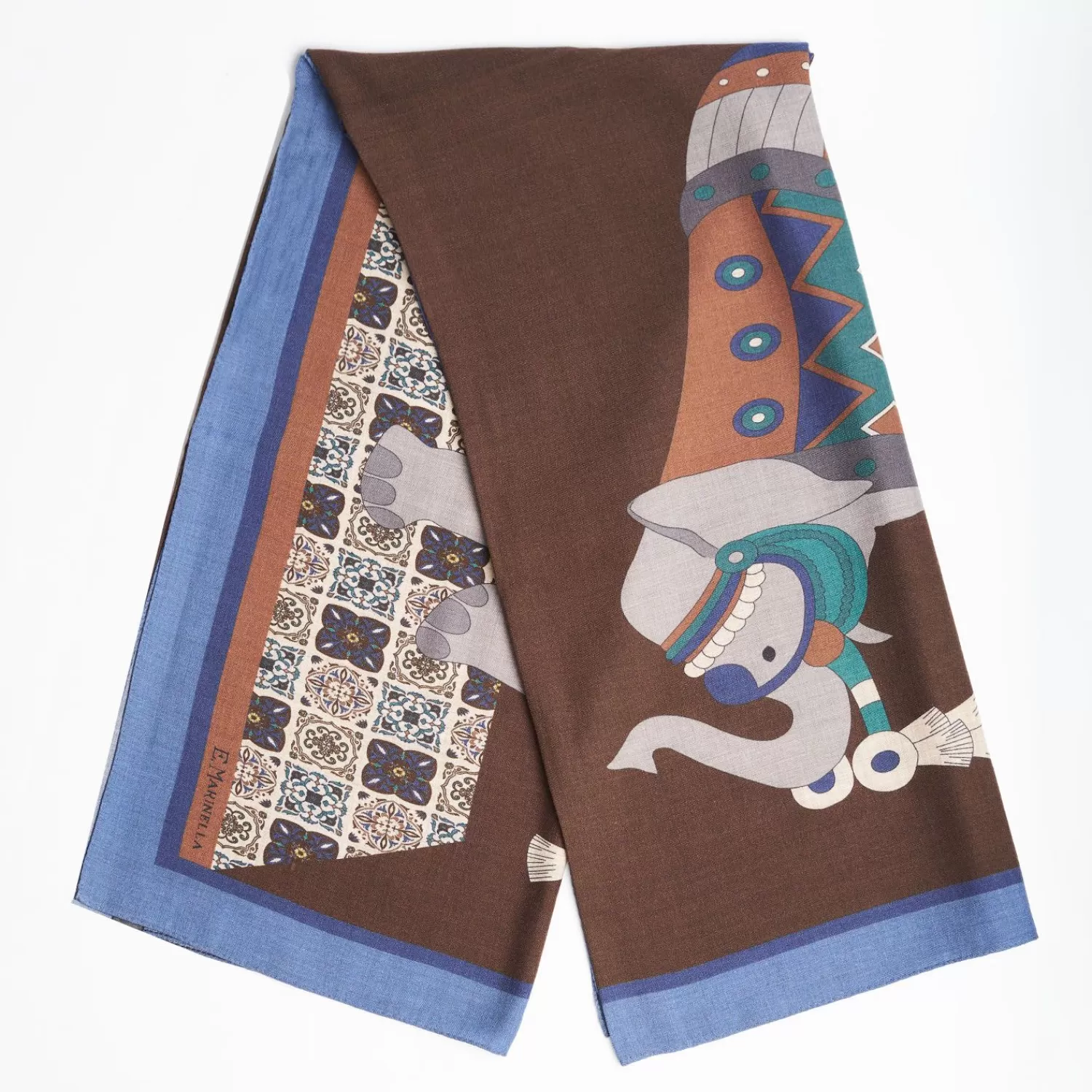 Bluette And Dark Brown Wide Wool Scarf - Ethnic Pattern>E.Marinella Flash Sale