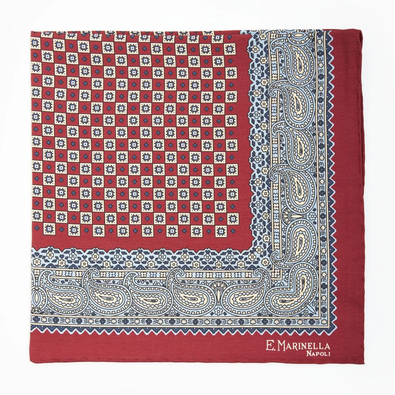 Burgundy Hand-Printed Silk Pocket Square Small Flower Pattern>E.Marinella Fashion