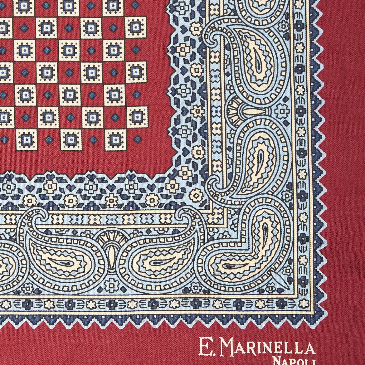 Burgundy Hand-Printed Silk Pocket Square Small Flower Pattern>E.Marinella Fashion
