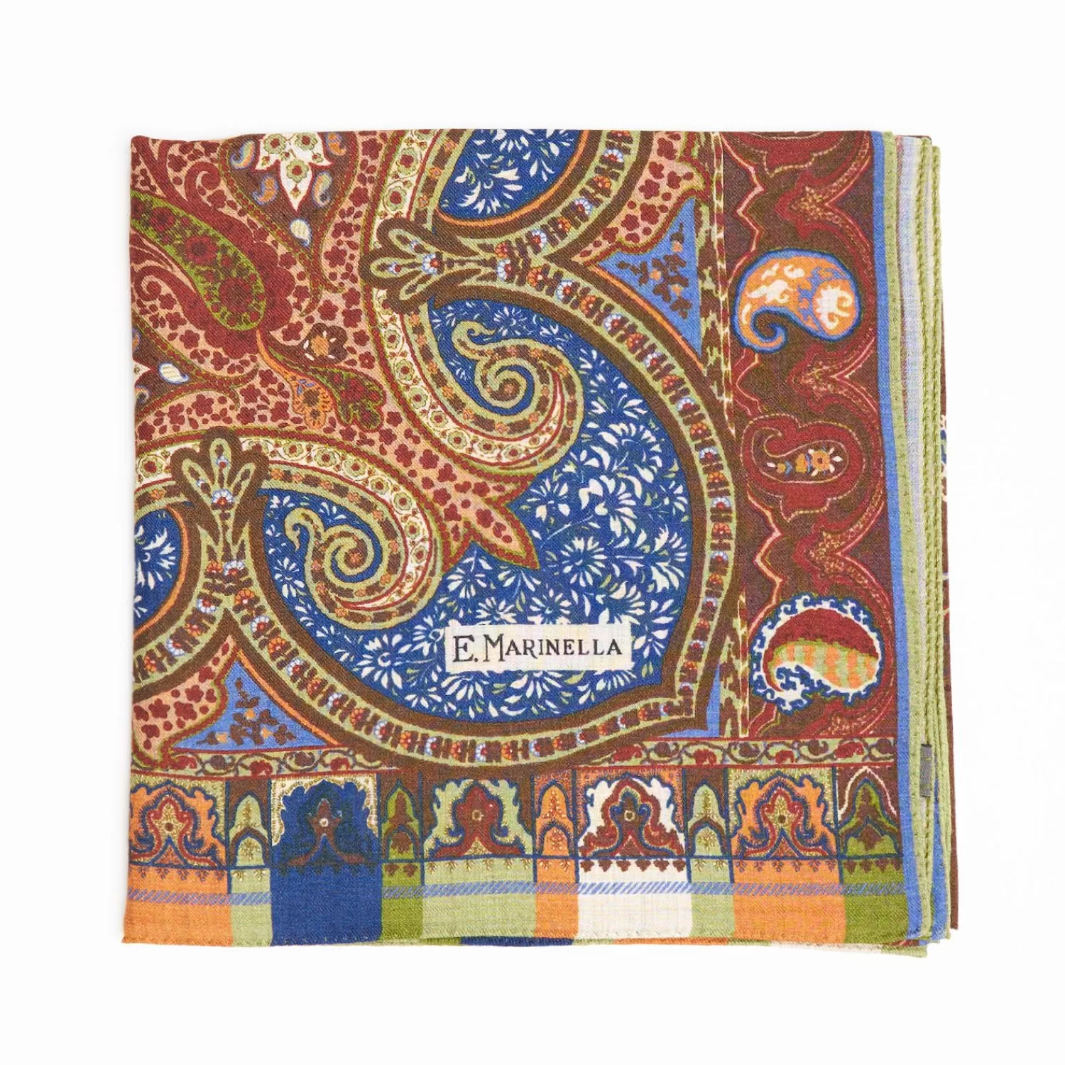 Camel And Bluette Wool Stole - Damask Pattern>E.Marinella Shop