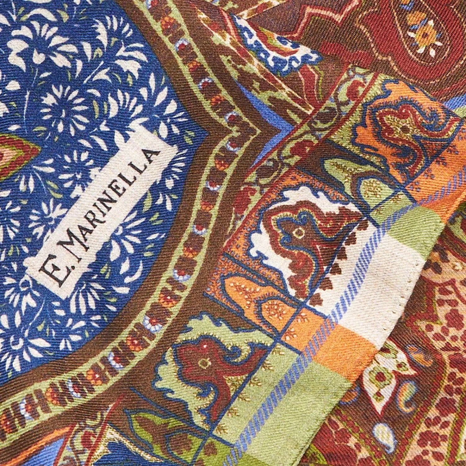 Camel And Bluette Wool Stole - Damask Pattern>E.Marinella Shop