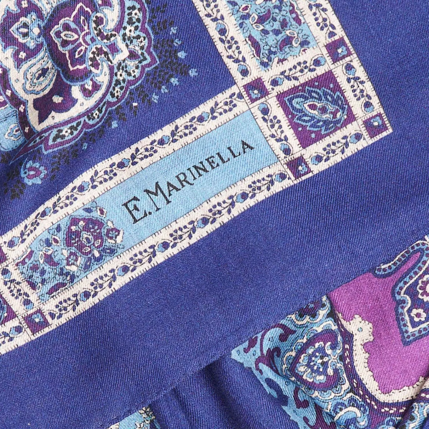 Dark And Blue Wool Stole - Floral Pattern>E.Marinella Store