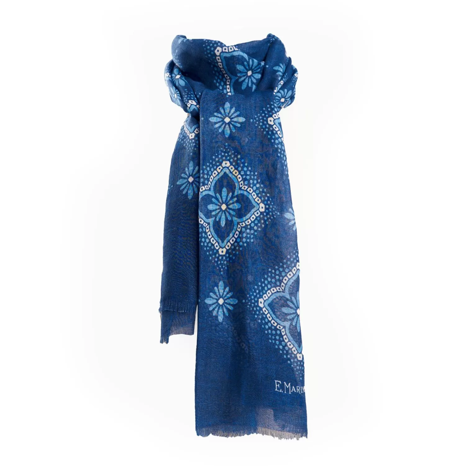 Dark Blue Cotton And Linen Scarf - Light Blue Macro Flowers>E.Marinella Hot