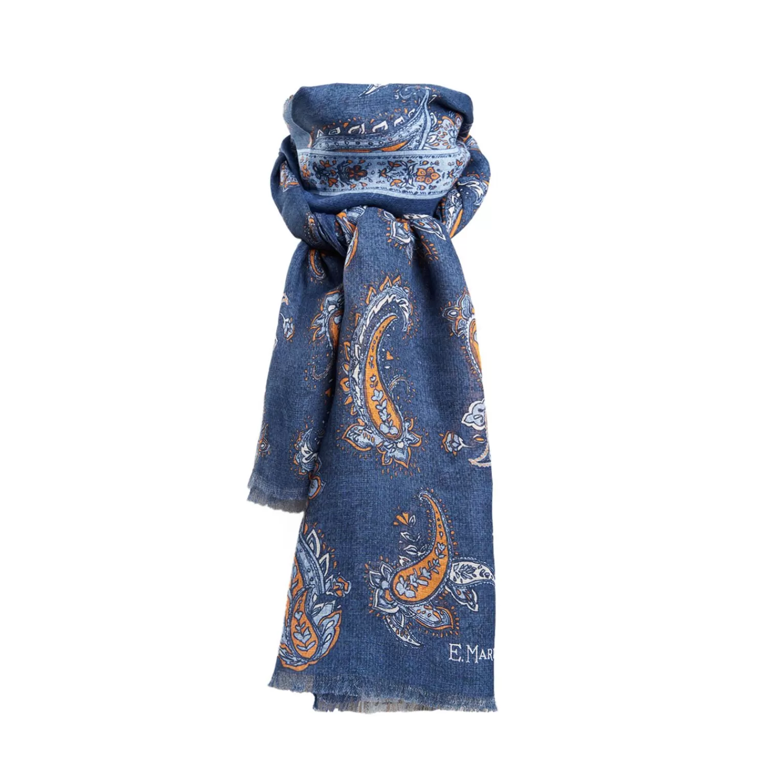Dark Blue Cotton And Linen Scarf - Paisley Pattern>E.Marinella Cheap