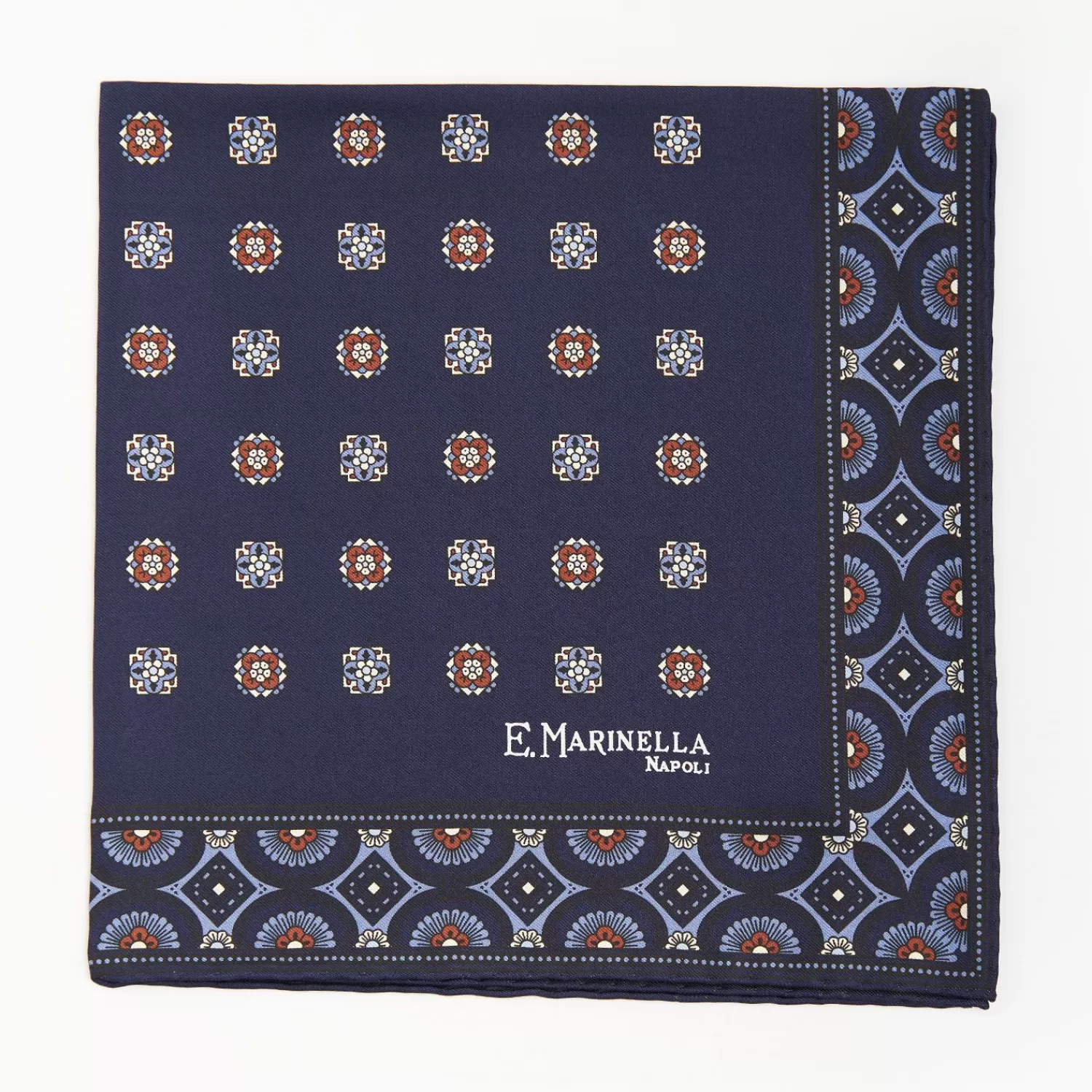 Dark Blue Hand-Printed Silk Pocket Square Large Flower Pattern>E.Marinella Best Sale