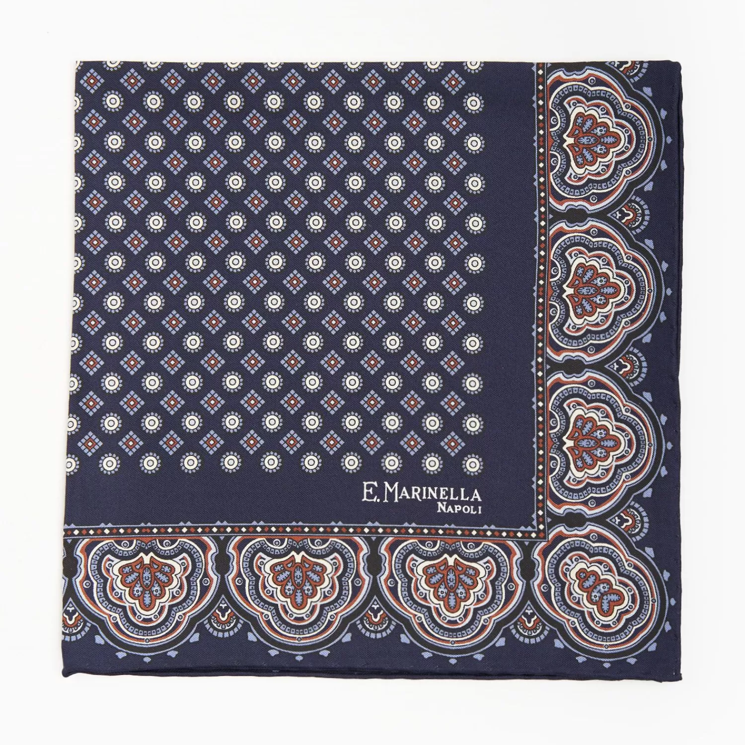 Dark Blue Hand-Printed Silk Pocket Square Large Flower Pattern>E.Marinella Flash Sale