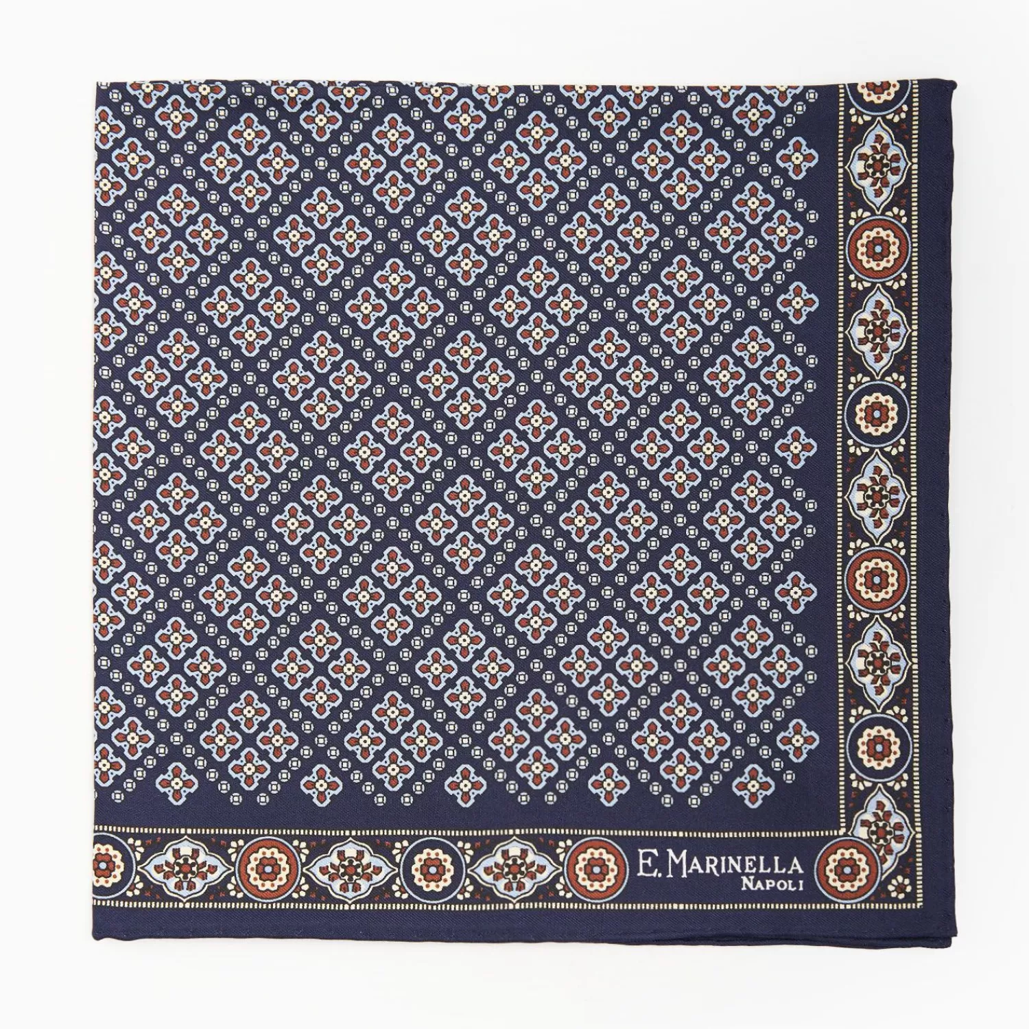 Dark Blue Hand-Printed Silk Pocket Square Large Flower Pattern>E.Marinella Flash Sale