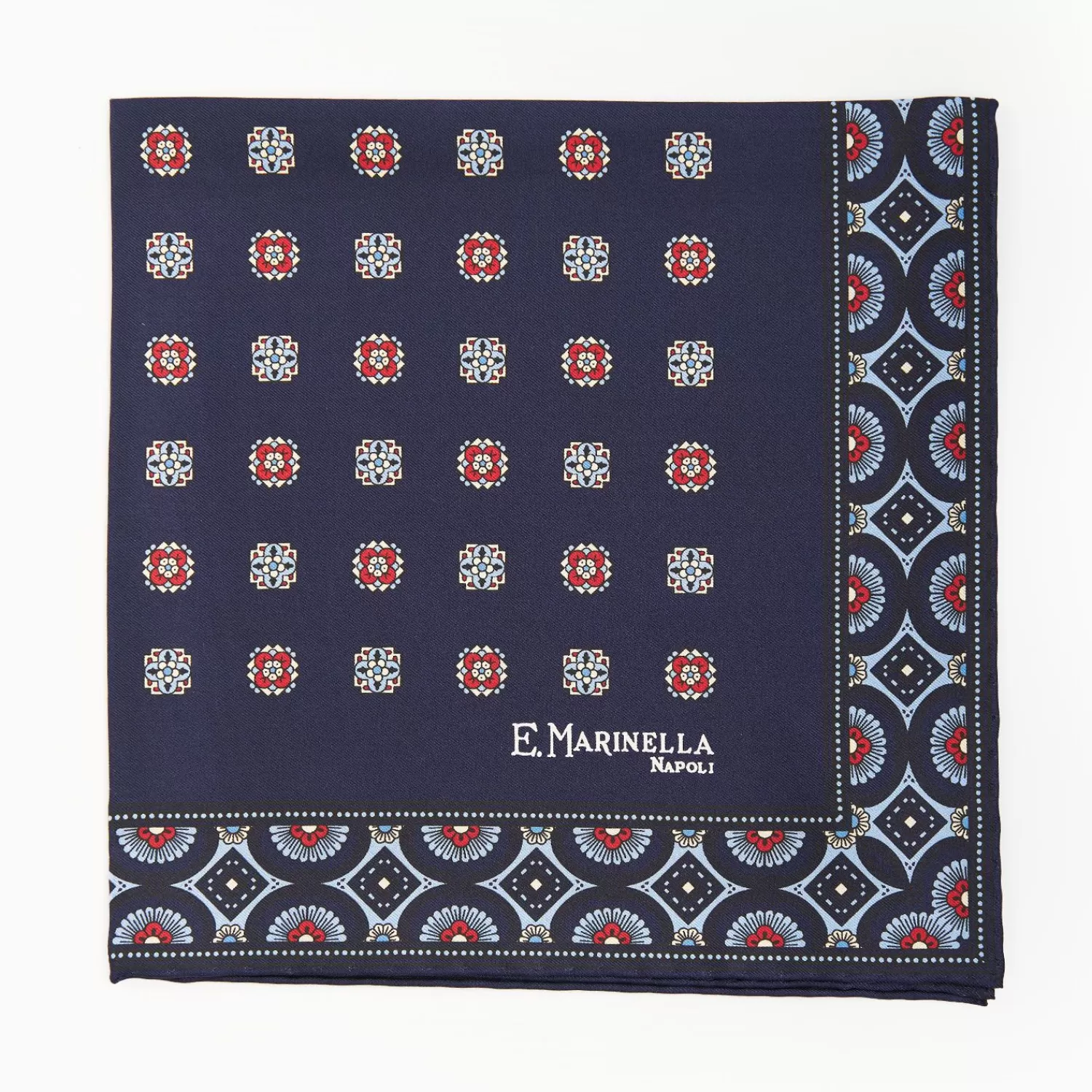 Dark Blue Hand-Printed Silk Pocket Square Large Flower Pattern>E.Marinella Cheap