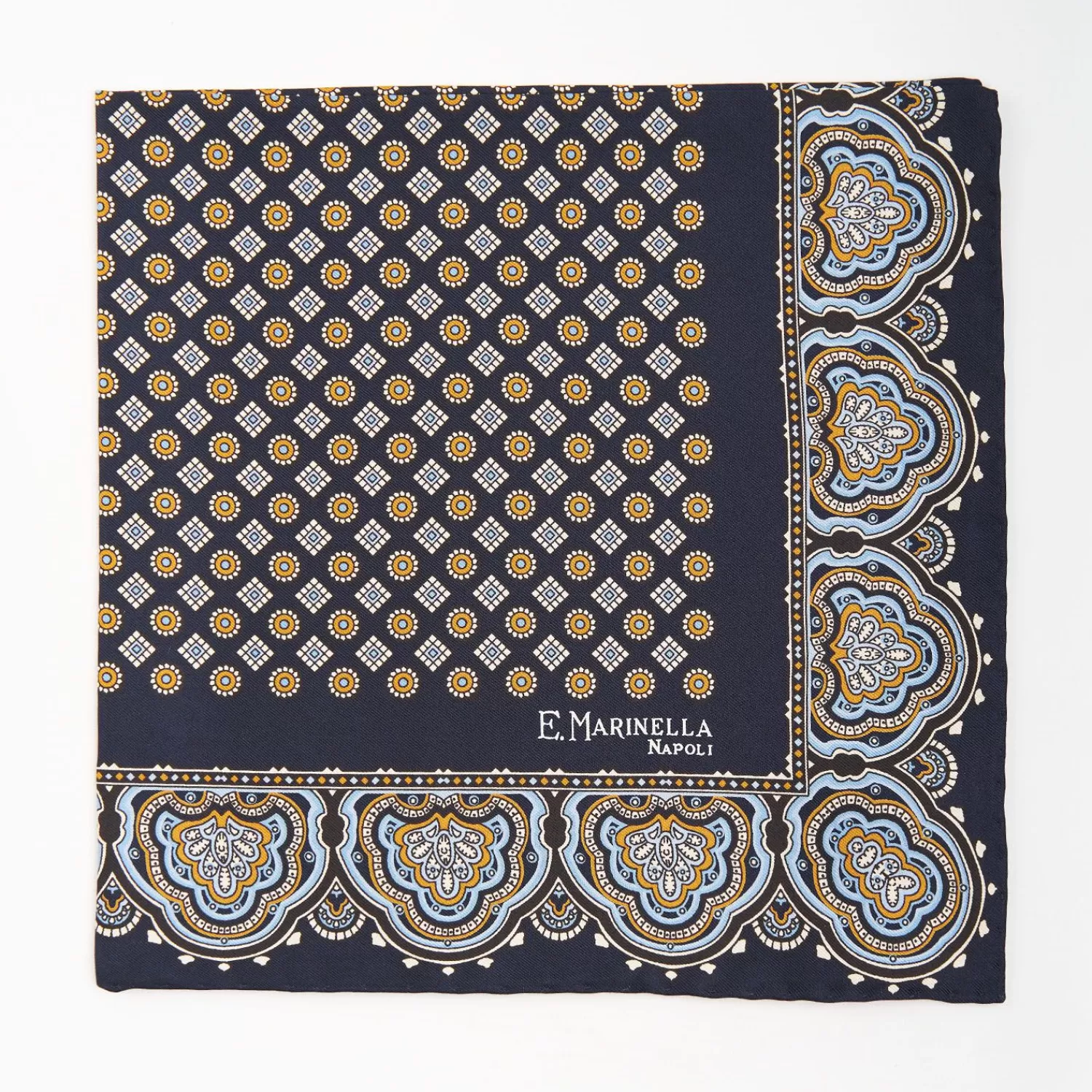 Dark Blue Hand-Printed Silk Pocket Square Large Flower Pattern>E.Marinella Fashion