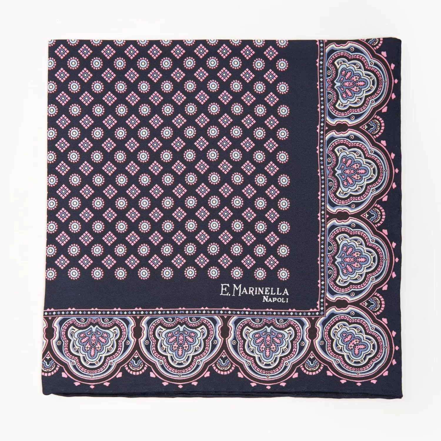 Dark Blue Hand-Printed Silk Pocket Square Large Flower Pattern>E.Marinella Shop