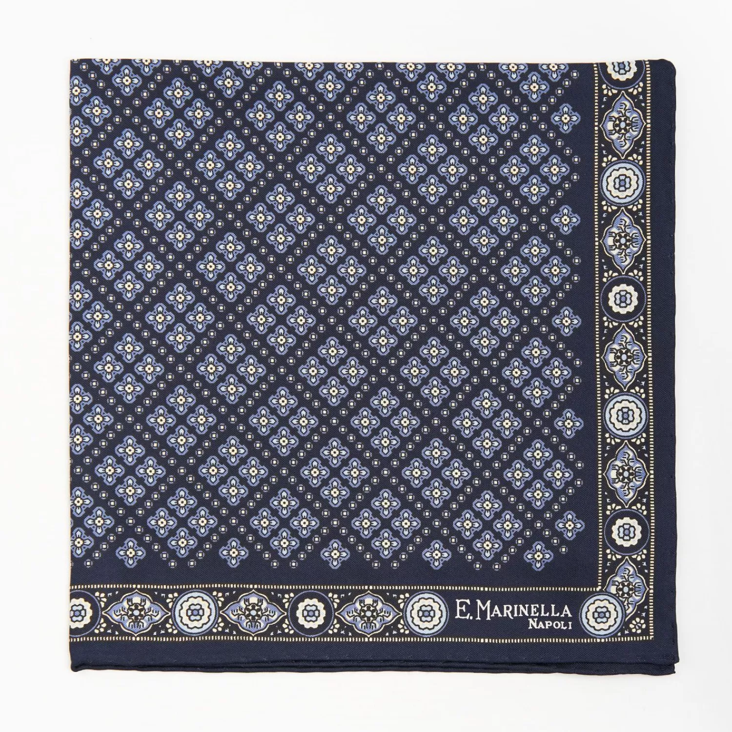 Dark Blue Hand-Printed Silk Pocket Square Large Flower Pattern>E.Marinella Discount