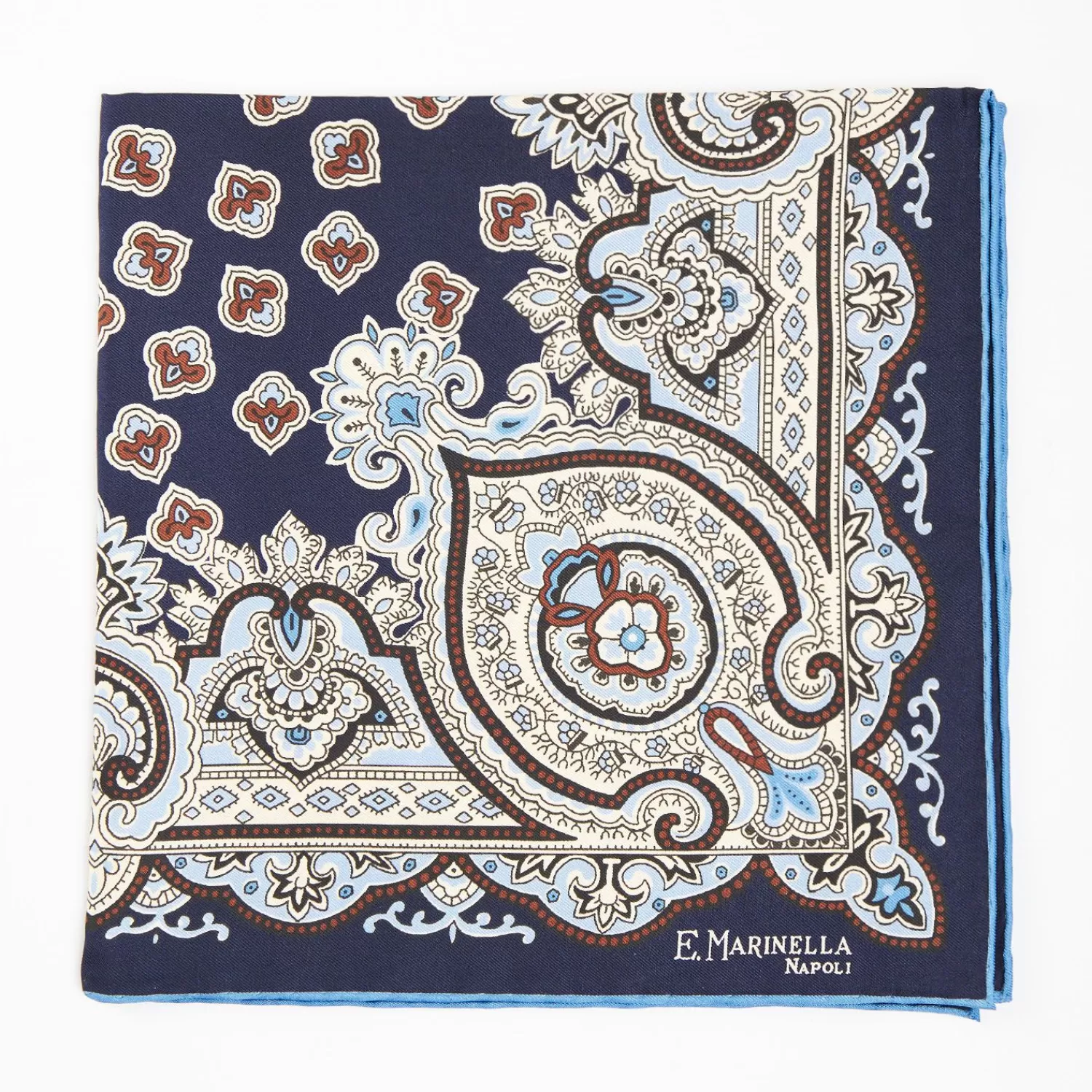 Dark Blue Hand-Printed Silk Pocket Square Large Flower Pattern>E.Marinella Best