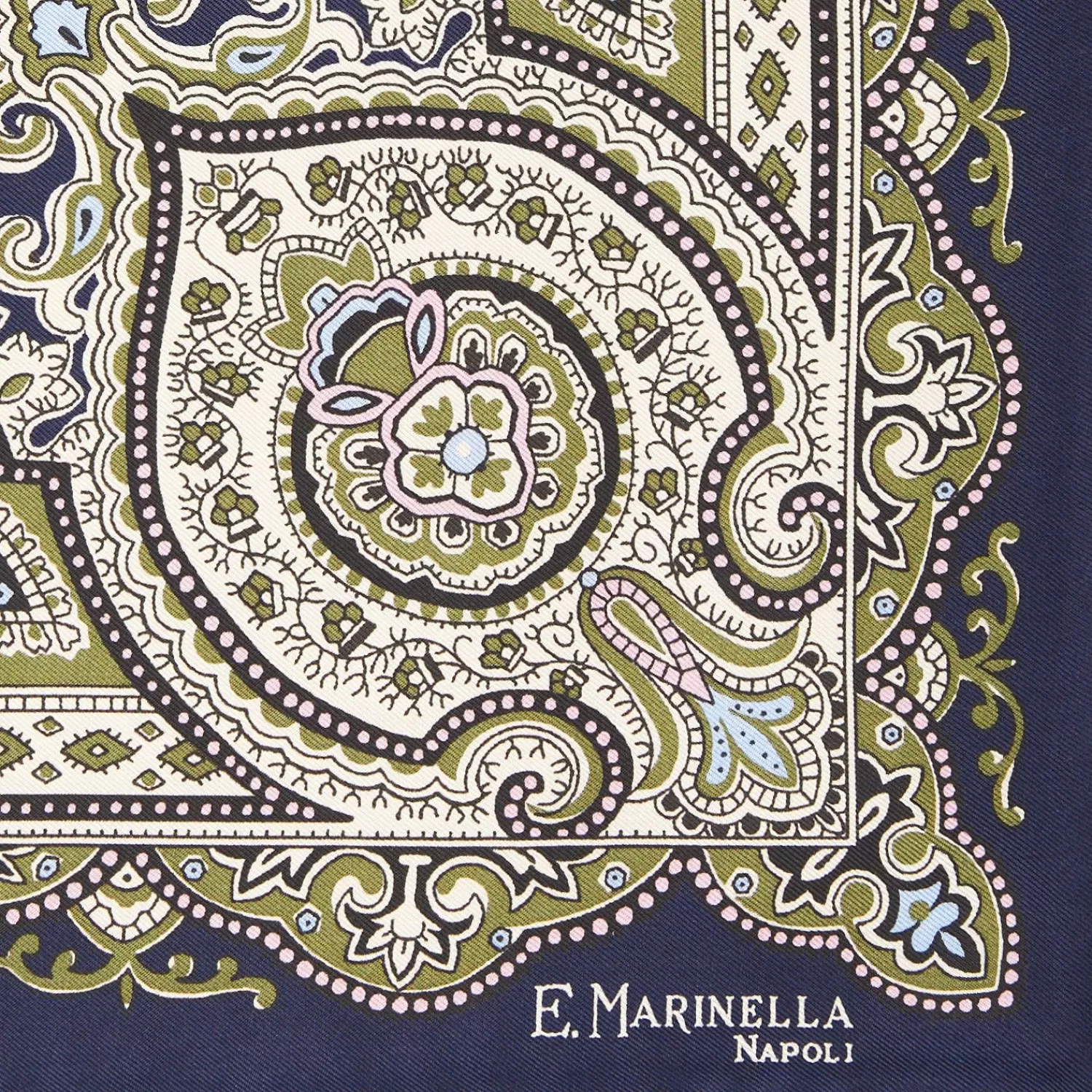 Dark Blue Hand-Printed Silk Pocket Square Large Flower Pattern>E.Marinella Store
