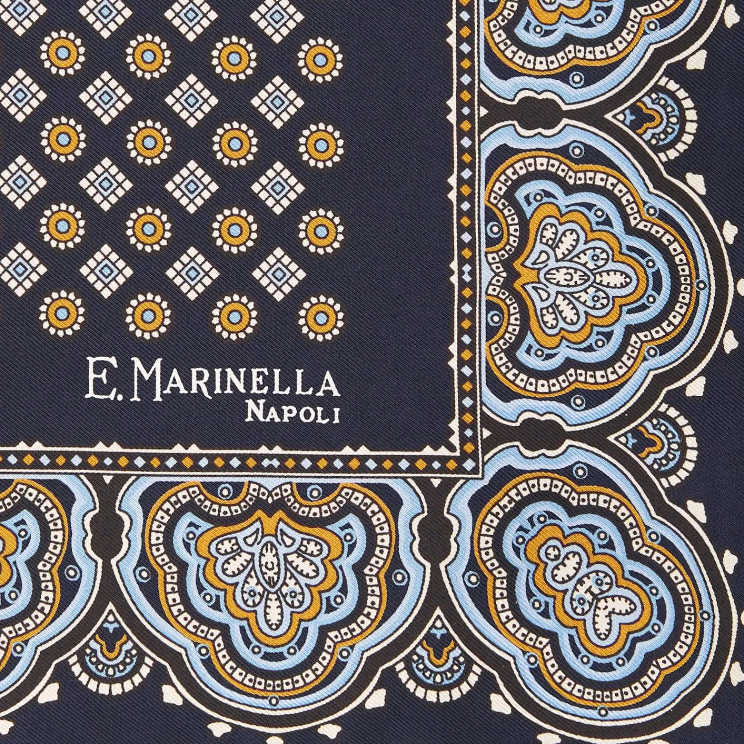 Dark Blue Hand-Printed Silk Pocket Square Large Flower Pattern>E.Marinella Fashion