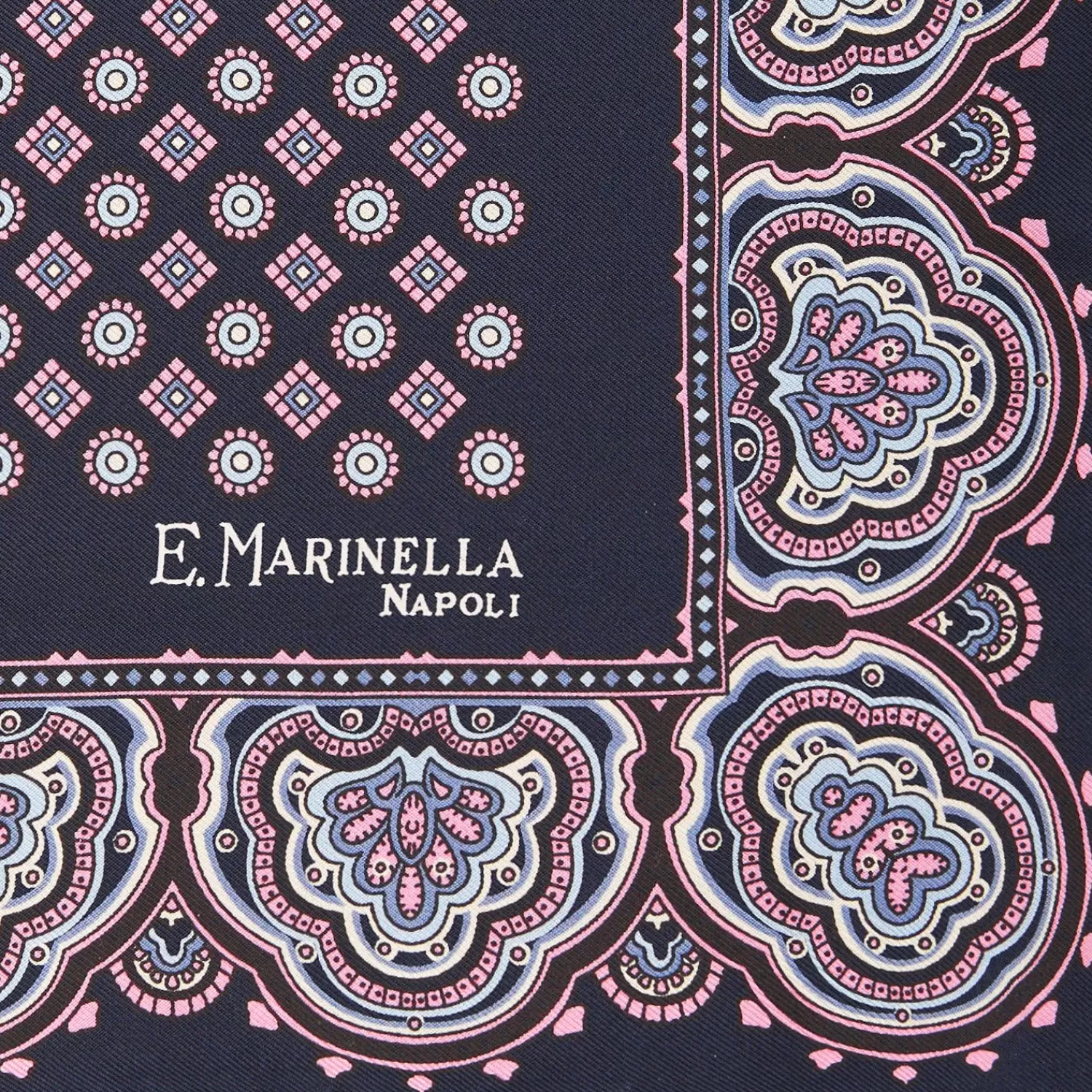 Dark Blue Hand-Printed Silk Pocket Square Large Flower Pattern>E.Marinella Shop
