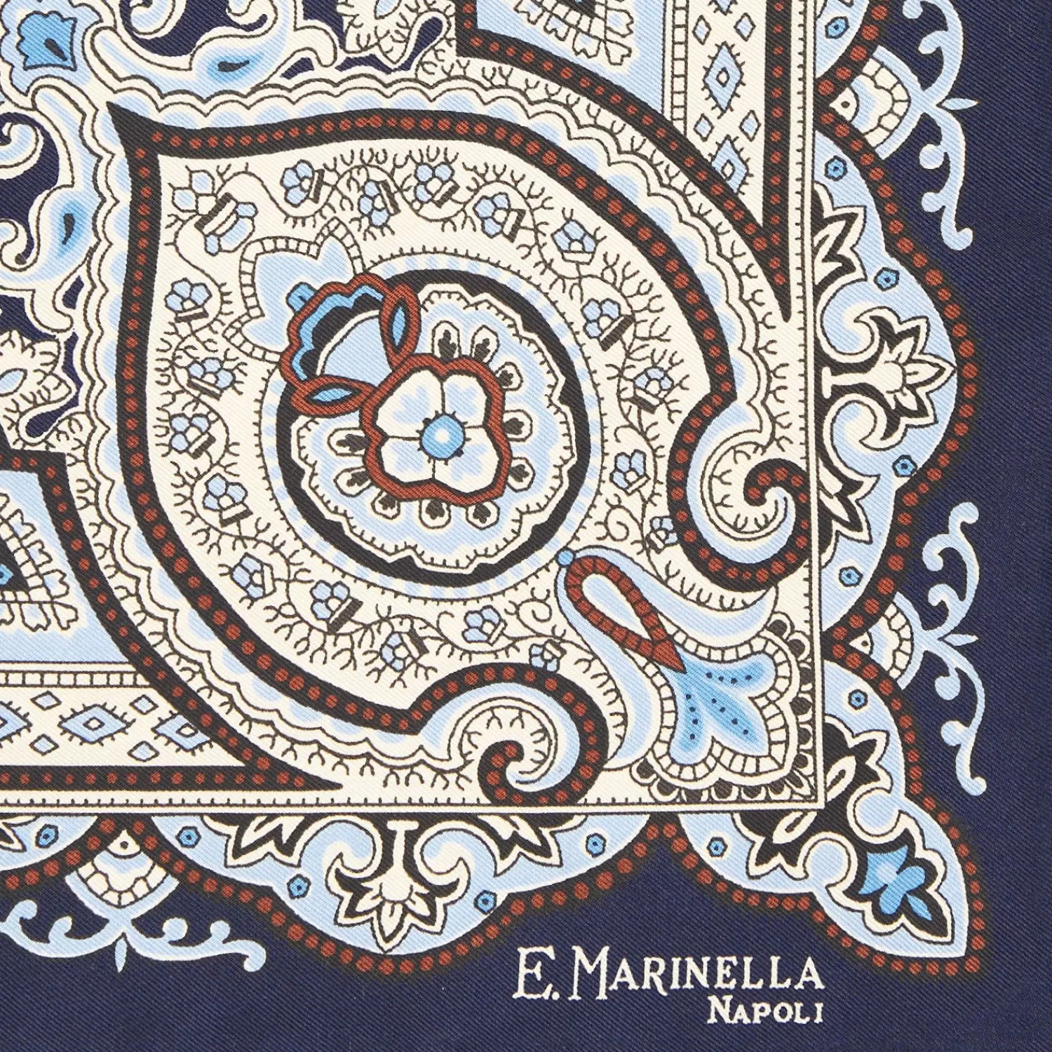 Dark Blue Hand-Printed Silk Pocket Square Large Flower Pattern>E.Marinella Best