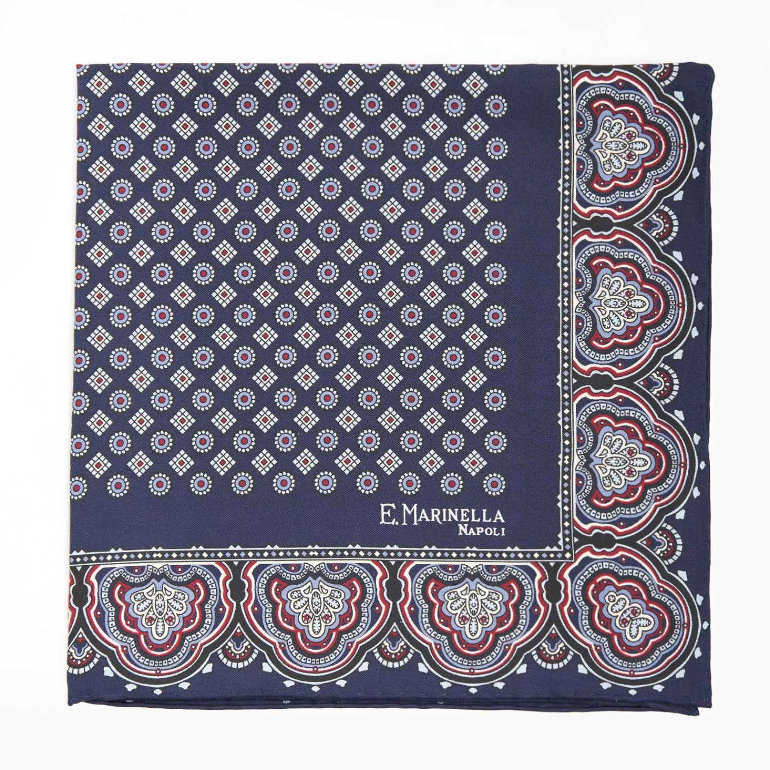Dark Blue Hand-Printed Silk Pocket Square Small Flower Pattern>E.Marinella Clearance