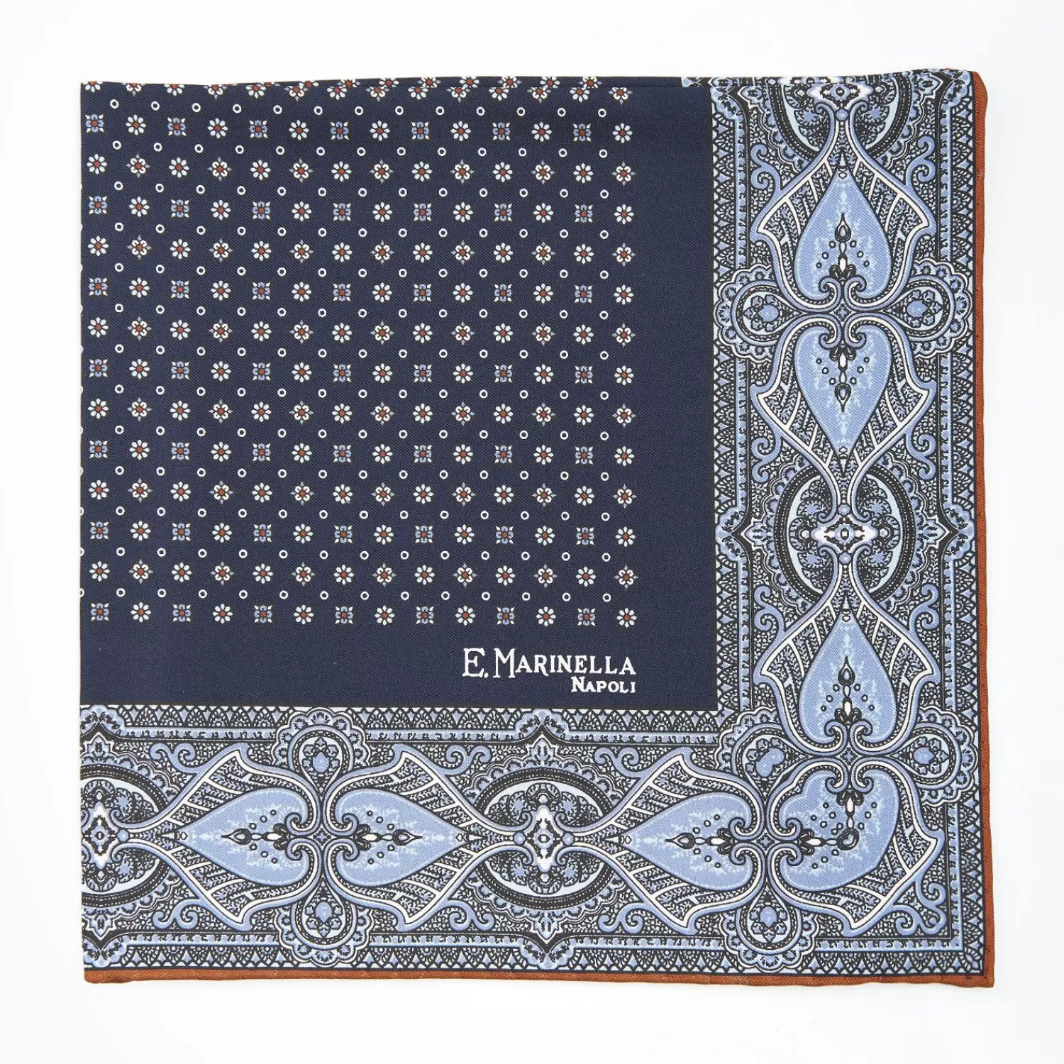 Dark Blue Hand-Printed Silk Pocket Square Small Flower Pattern>E.Marinella Fashion