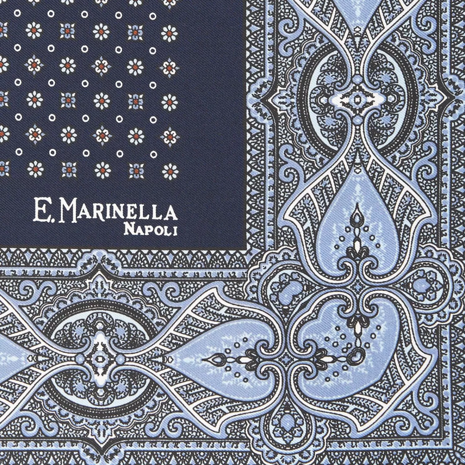 Dark Blue Hand-Printed Silk Pocket Square Small Flower Pattern>E.Marinella Fashion