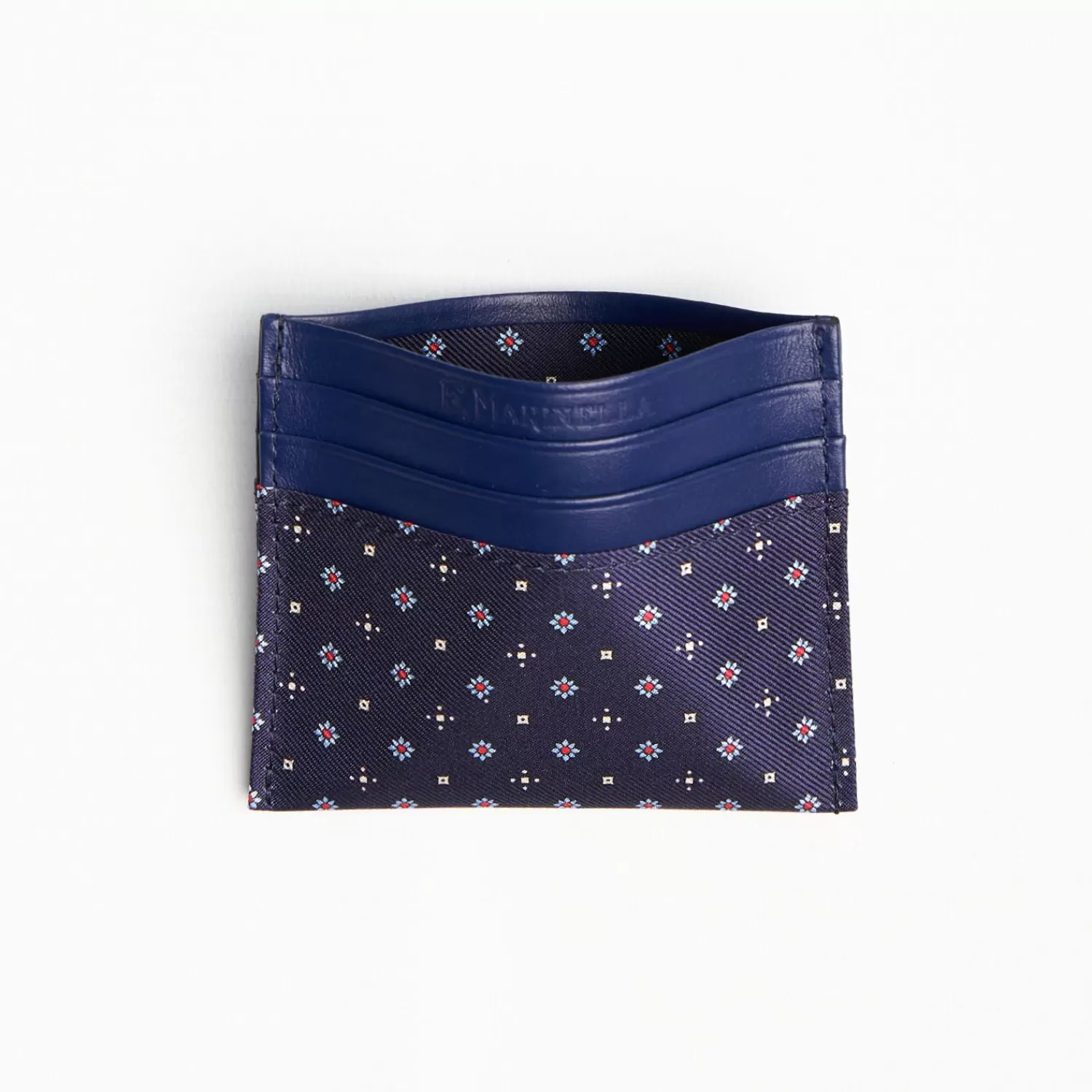 Dark Blue Leather And Silk Credit Card Holder 5 Compartments>E.Marinella Online