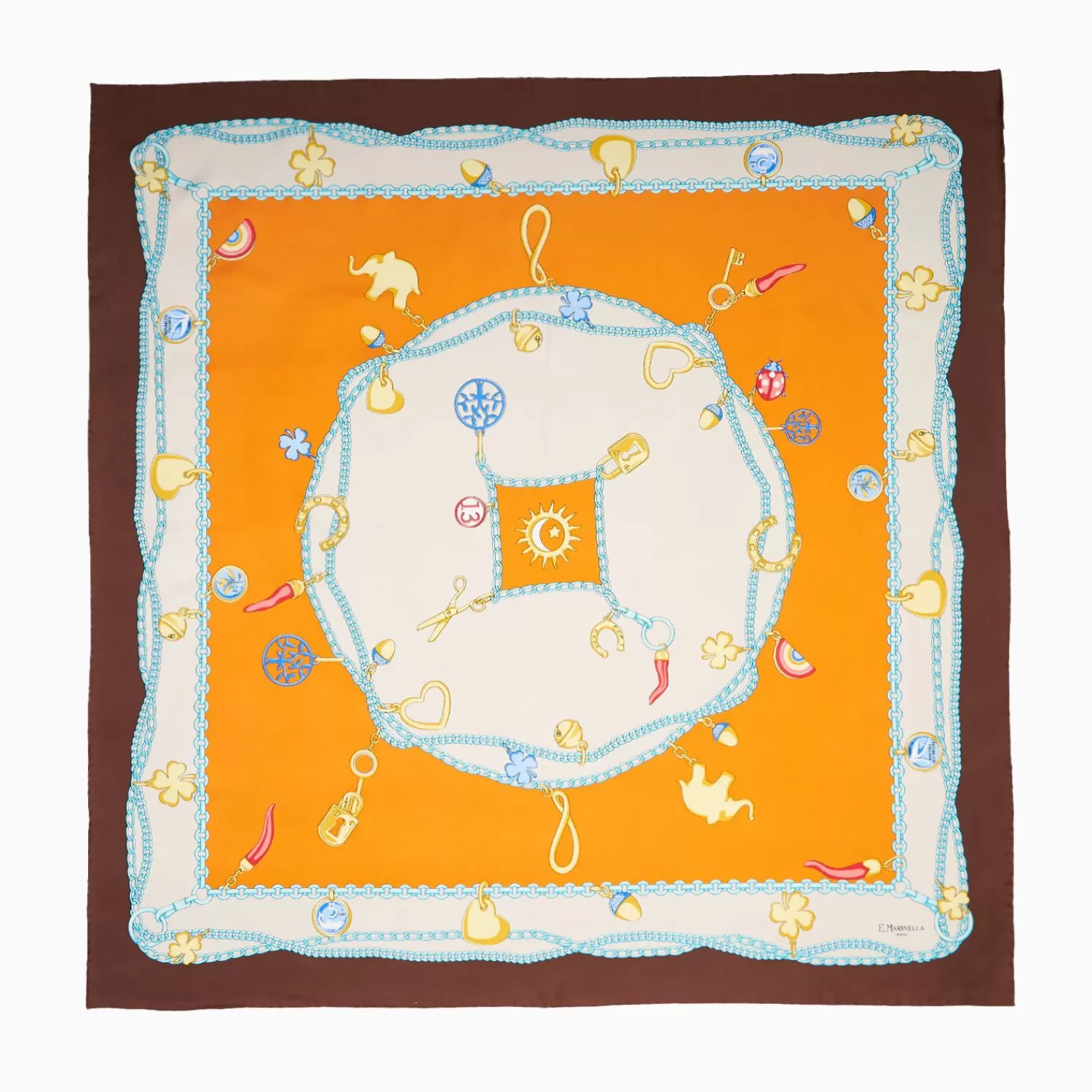 Dark Brown And Orange Silk Scarf 90 - Luchy Charms>E.Marinella Store