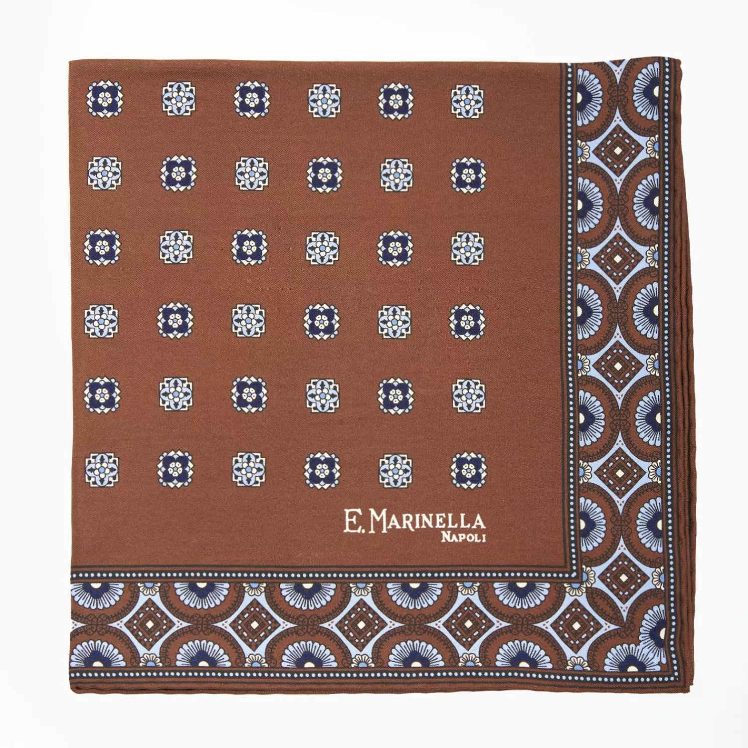 Dark Brown Hand-Printed Silk Pocket Square Large Flower Pattern>E.Marinella Sale