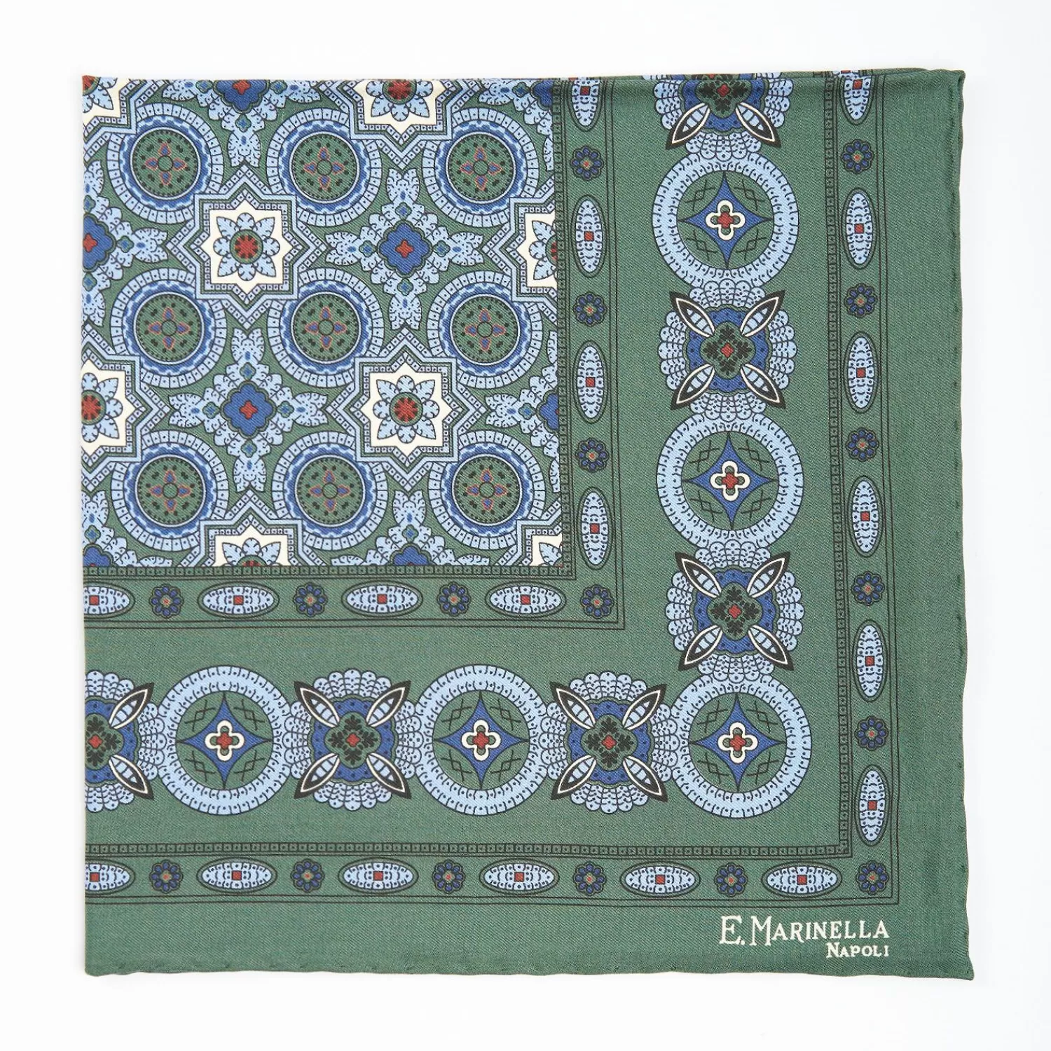 Dark Green Hand-Printed Silk Pocket Square - Large Flower Pattern>E.Marinella Cheap