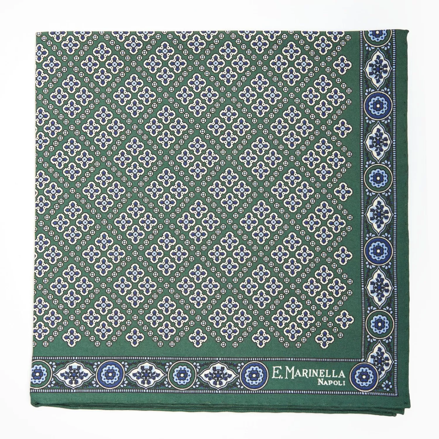 Dark Green Hand-Printed Silk Pocket Square Large Flower Pattern>E.Marinella Store