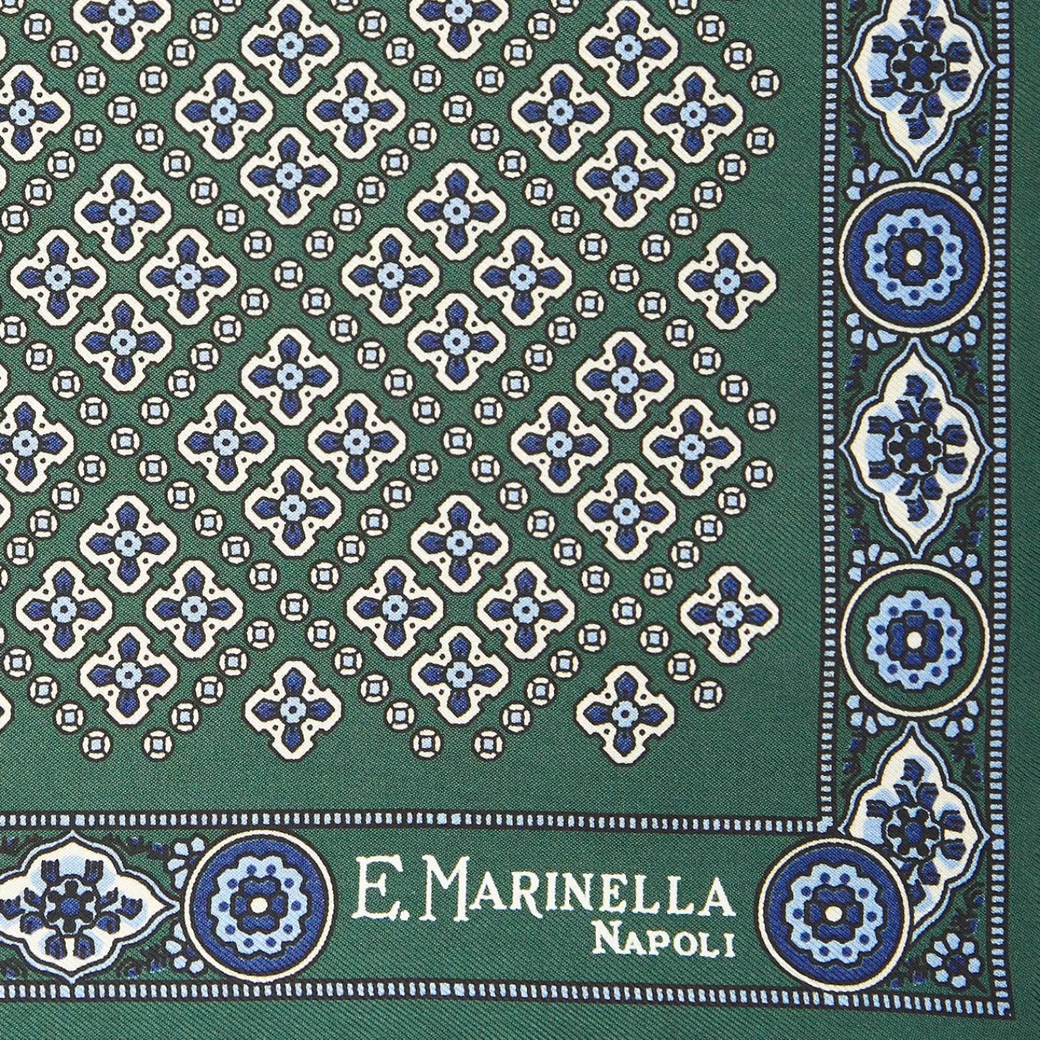 Dark Green Hand-Printed Silk Pocket Square Large Flower Pattern>E.Marinella Store