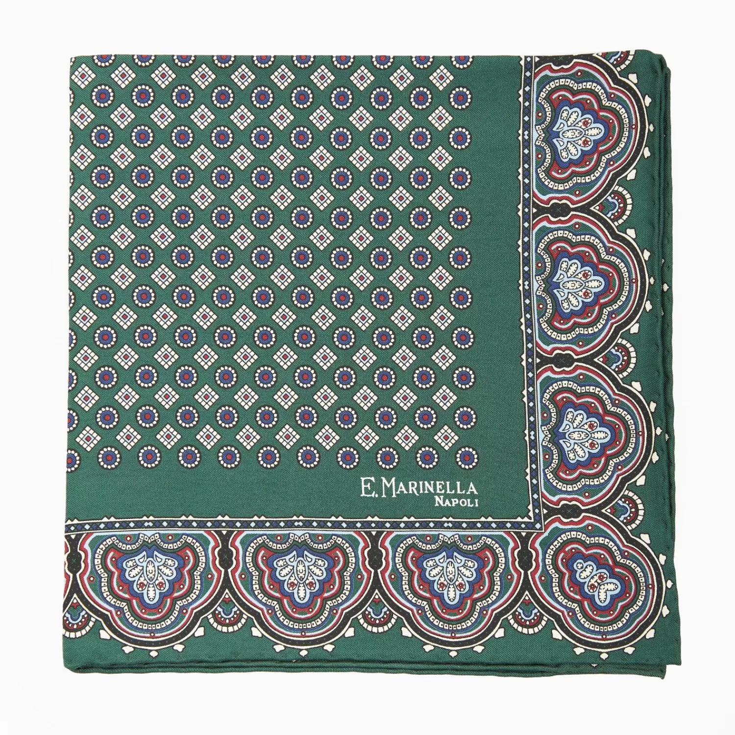 Dark Green Hand-Printed Silk Pocket Square Small Flower Pattern>E.Marinella Outlet