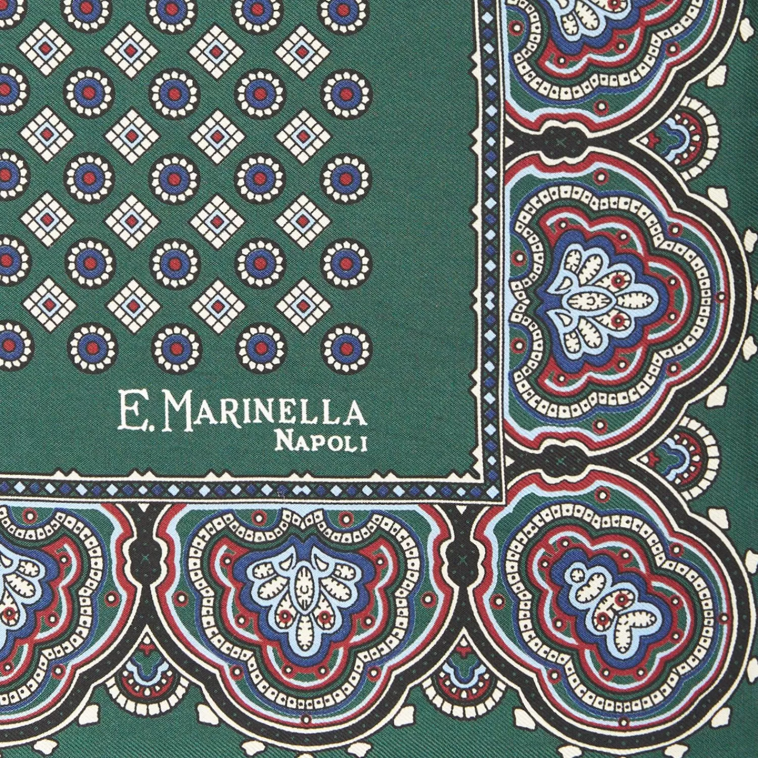 Dark Green Hand-Printed Silk Pocket Square Small Flower Pattern>E.Marinella Outlet