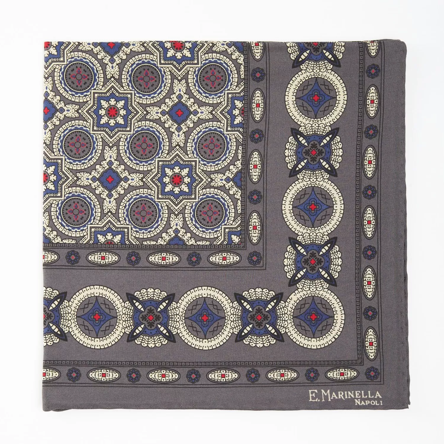 Dark Grey Hand-Printed Silk Pocket Square Large Flower Pattern>E.Marinella Online