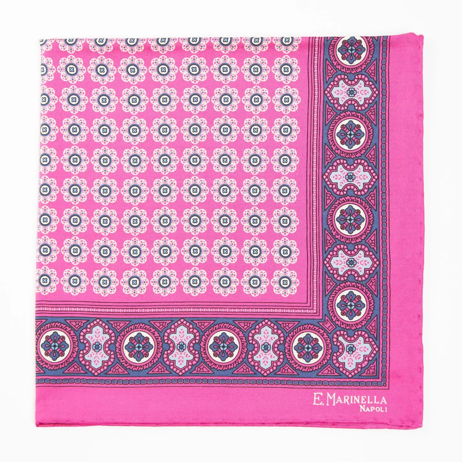 Fuchsia Hand-Printed Silk Pocket Square Large Flower Pattern>E.Marinella Fashion