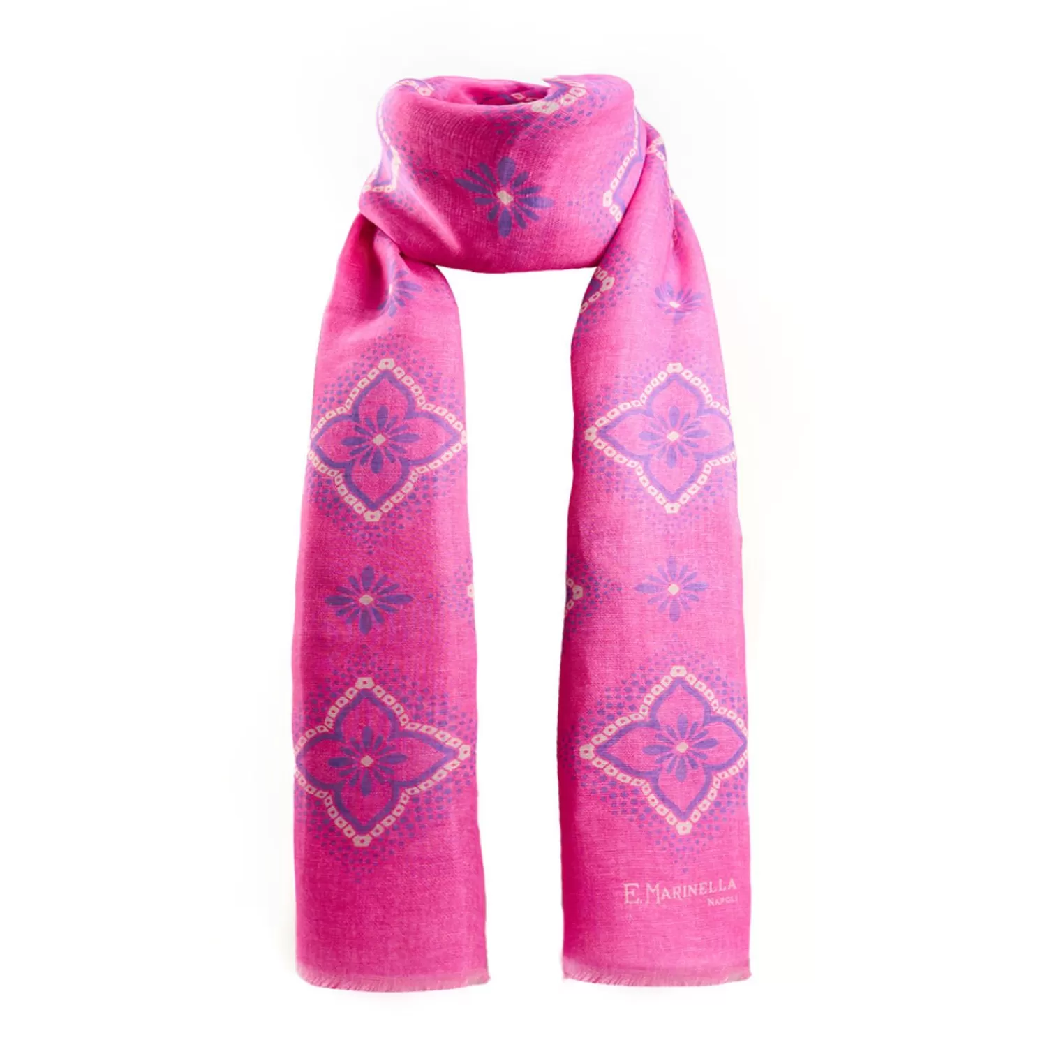 Fucsia Cotton And Linen Scarf - Blue Macro Flowers>E.Marinella Store