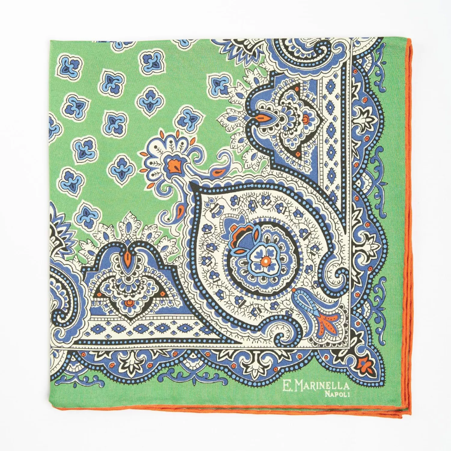 Green Hand-Printed Silk Pocket Square - Large Flower Pattern>E.Marinella Best Sale