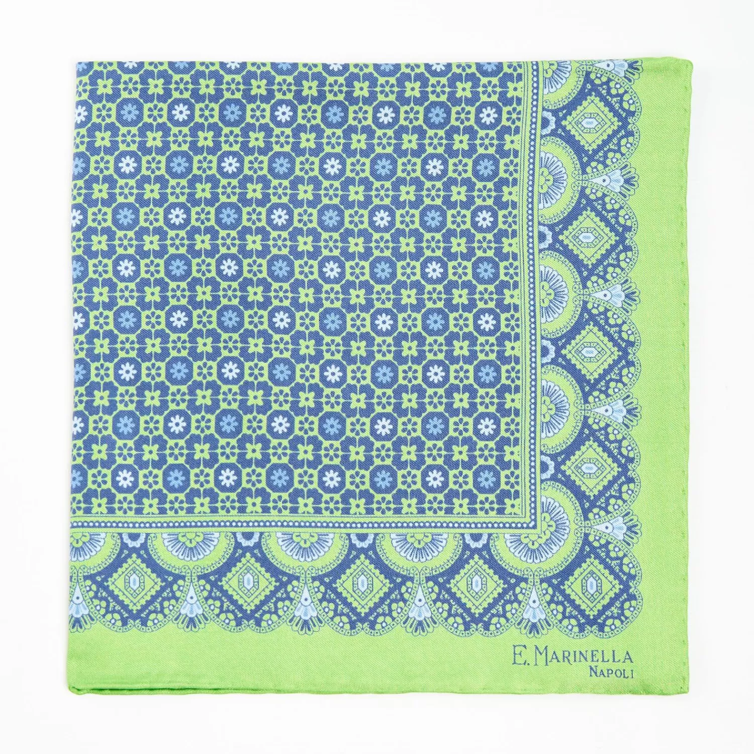Green Hand-Printed Silk Pocket Square - Small Flower Pattern>E.Marinella Cheap