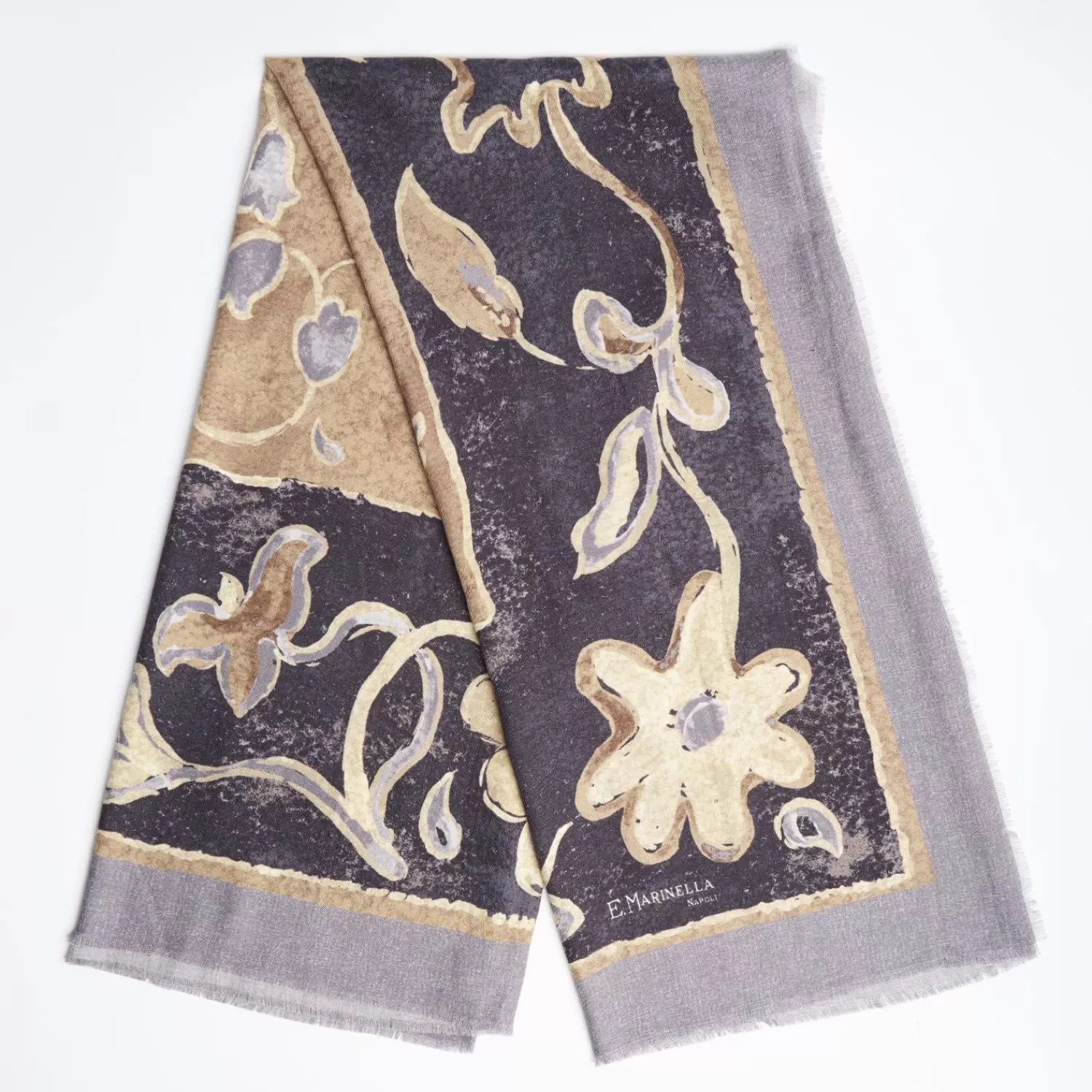 Grey Wool And Silk Stole With Pastel Flower Design>E.Marinella Store