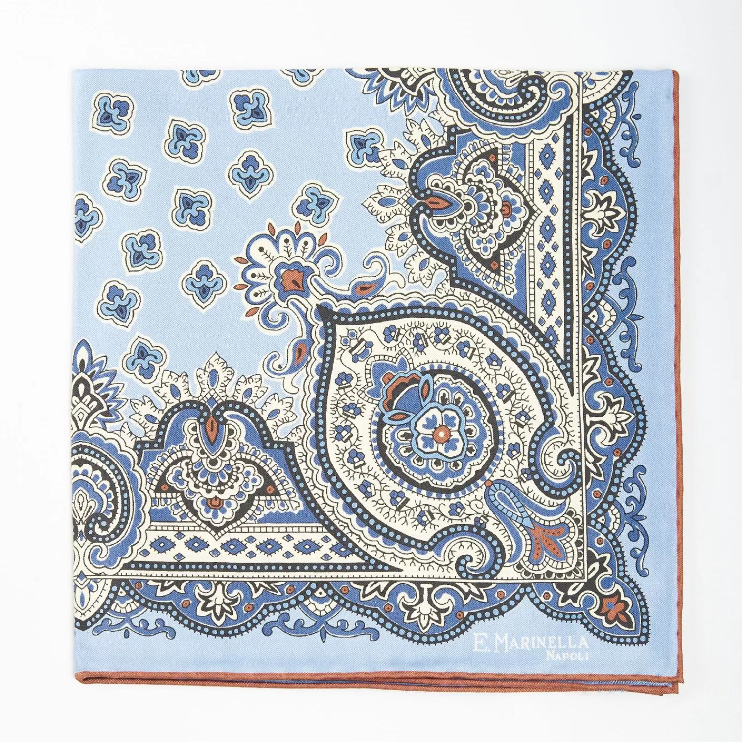 Light Blue Hand-Printed Silk Pocket Square - Large Flower Pattern>E.Marinella Sale