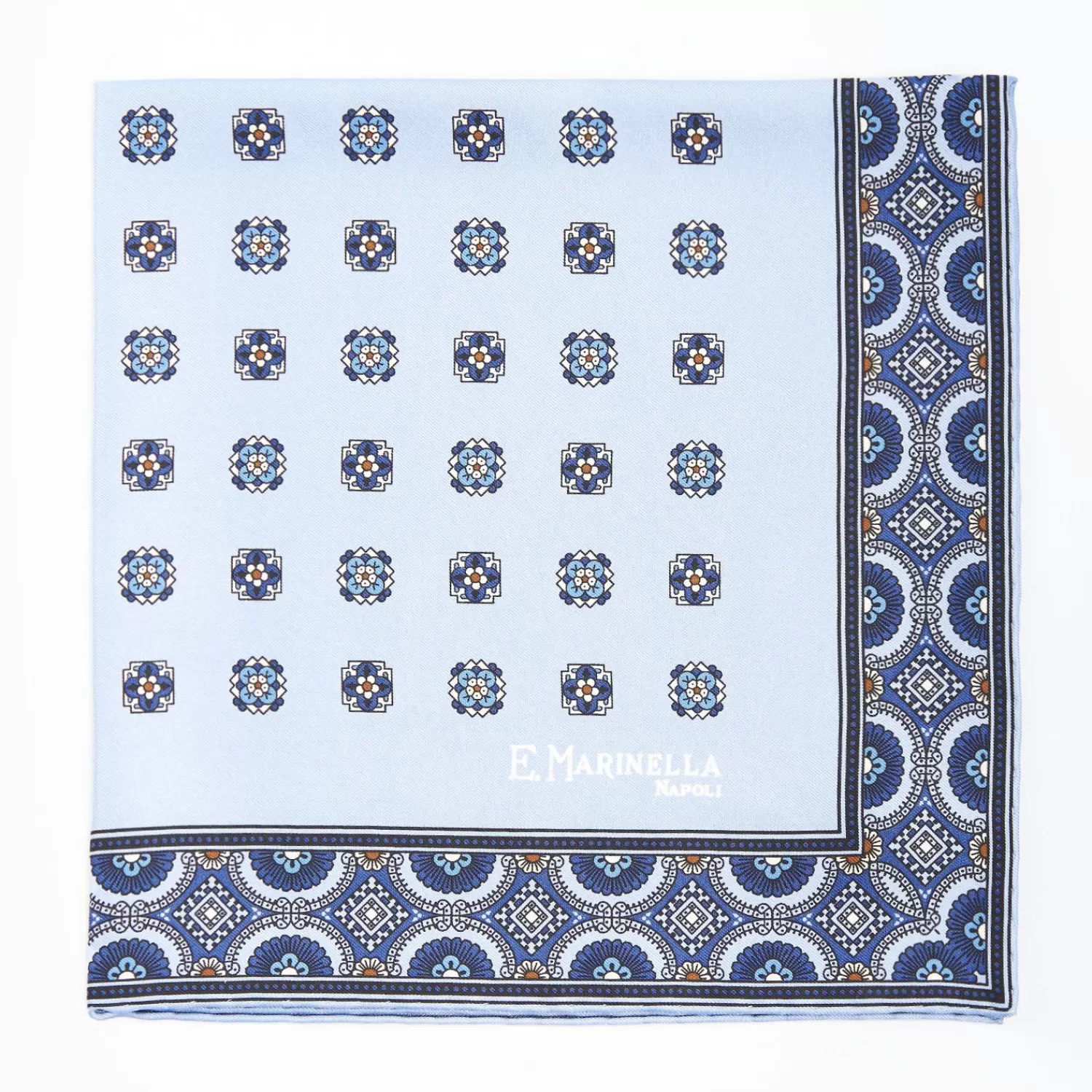 Light Blue Hand-Printed Silk Pocket Square Large Flower Pattern>E.Marinella Fashion