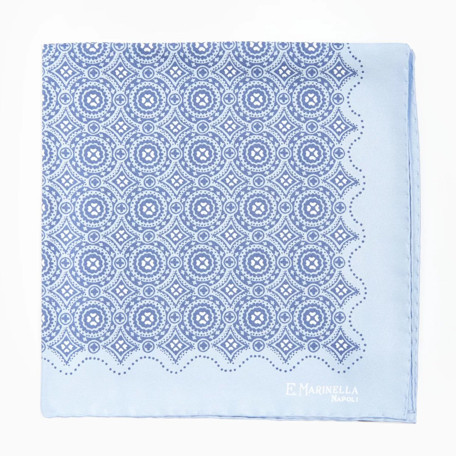 Light Blue Hand-Printed Silk Pocket Square Large Flower Pattern>E.Marinella Best