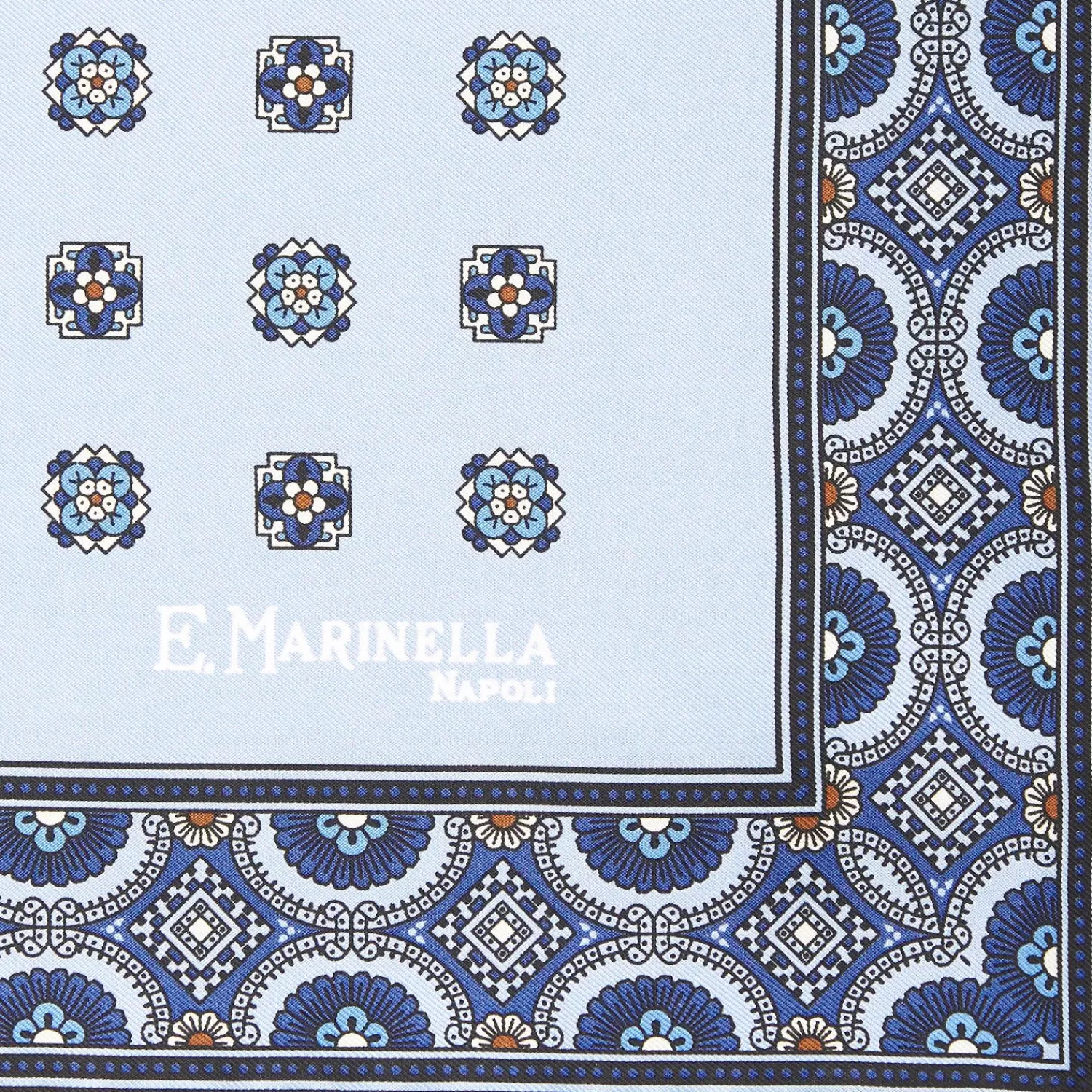 Light Blue Hand-Printed Silk Pocket Square Large Flower Pattern>E.Marinella Fashion