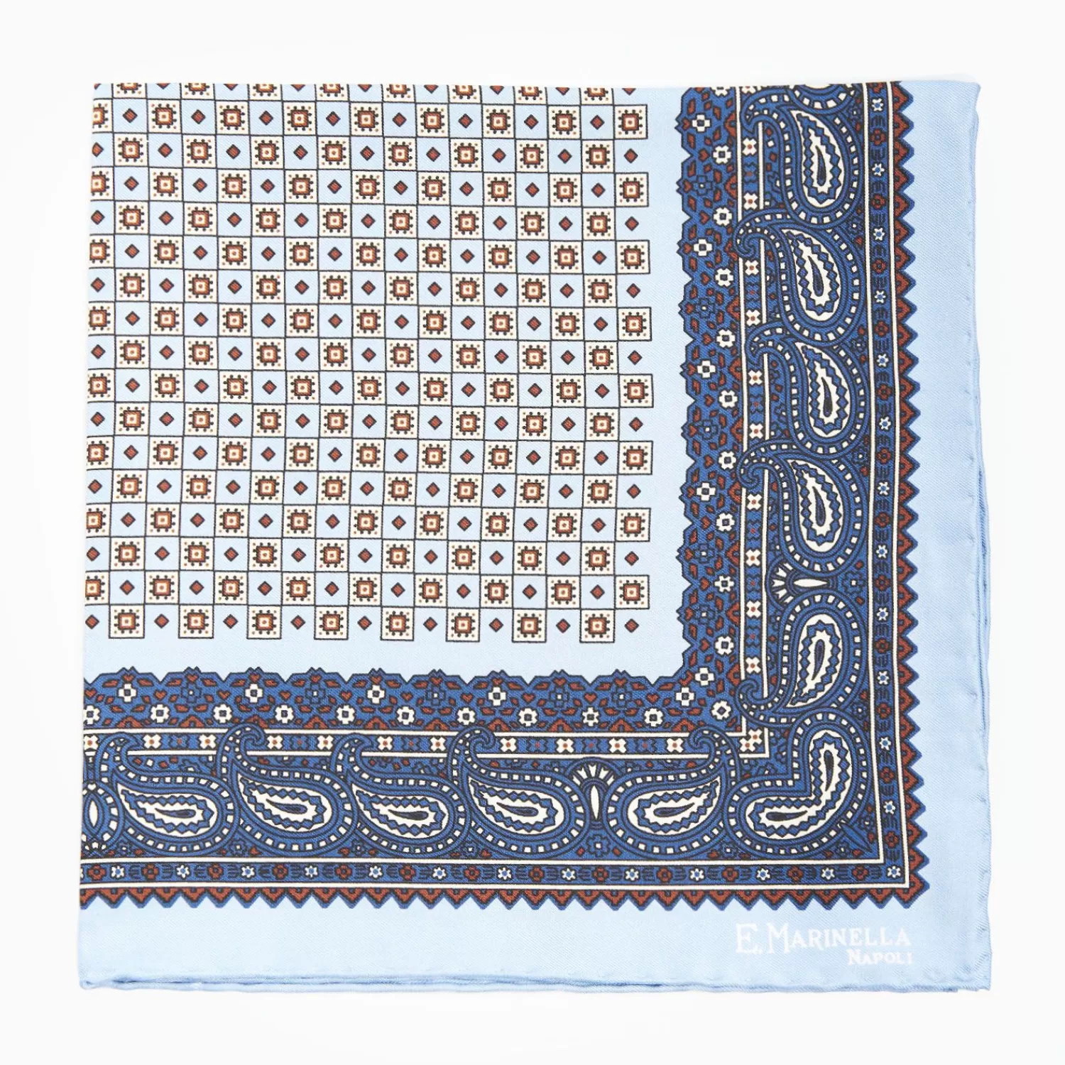 Light Blue Hand-Printed Silk Pocket Square Small Flower Pattern>E.Marinella Shop