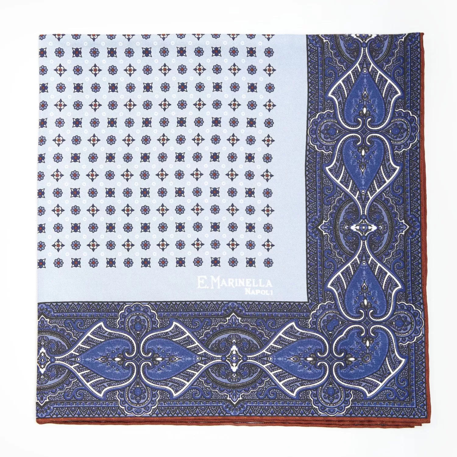 Light Blue Hand-Printed Silk Pocket Square Small Flower Pattern>E.Marinella Online