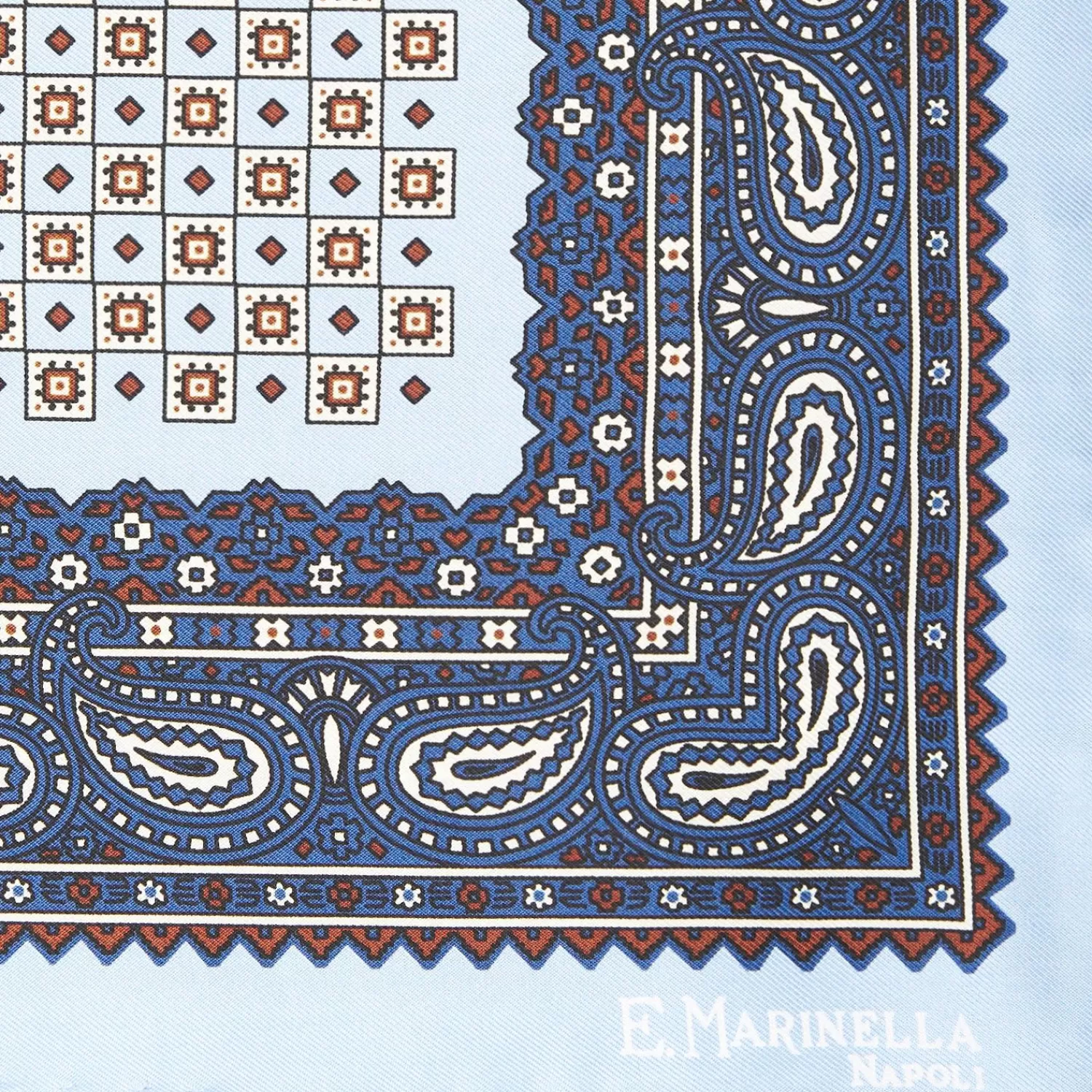 Light Blue Hand-Printed Silk Pocket Square Small Flower Pattern>E.Marinella Shop