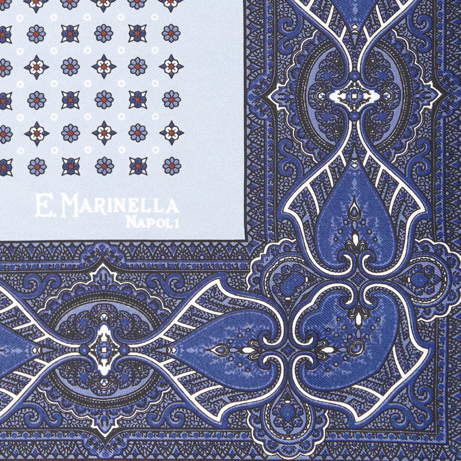 Light Blue Hand-Printed Silk Pocket Square Small Flower Pattern>E.Marinella Online