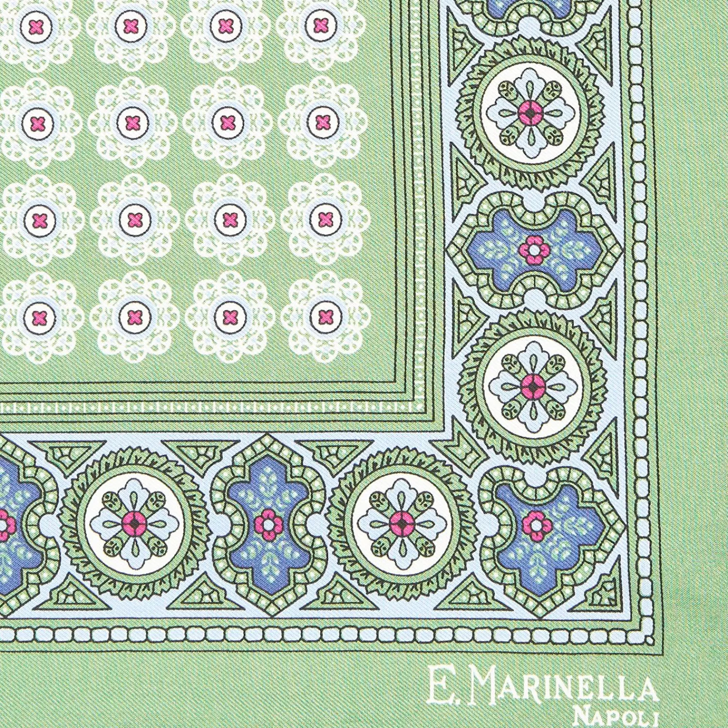 Light Green Hand-Printed Silk Pocket Square Large Flower Pattern>E.Marinella New