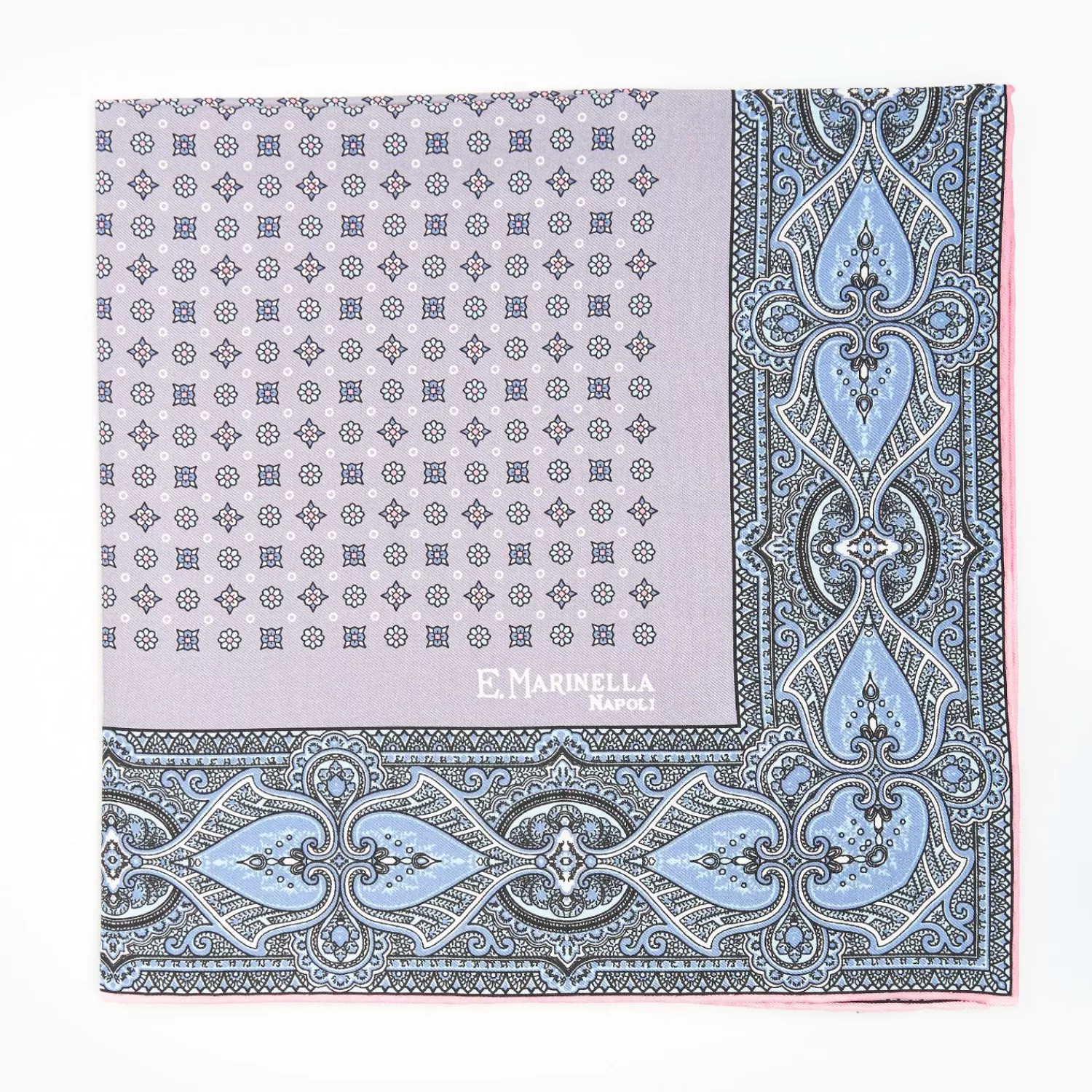 Light Grey Hand-Printed Silk Pocket Square - Small Flower Pattern>E.Marinella Shop