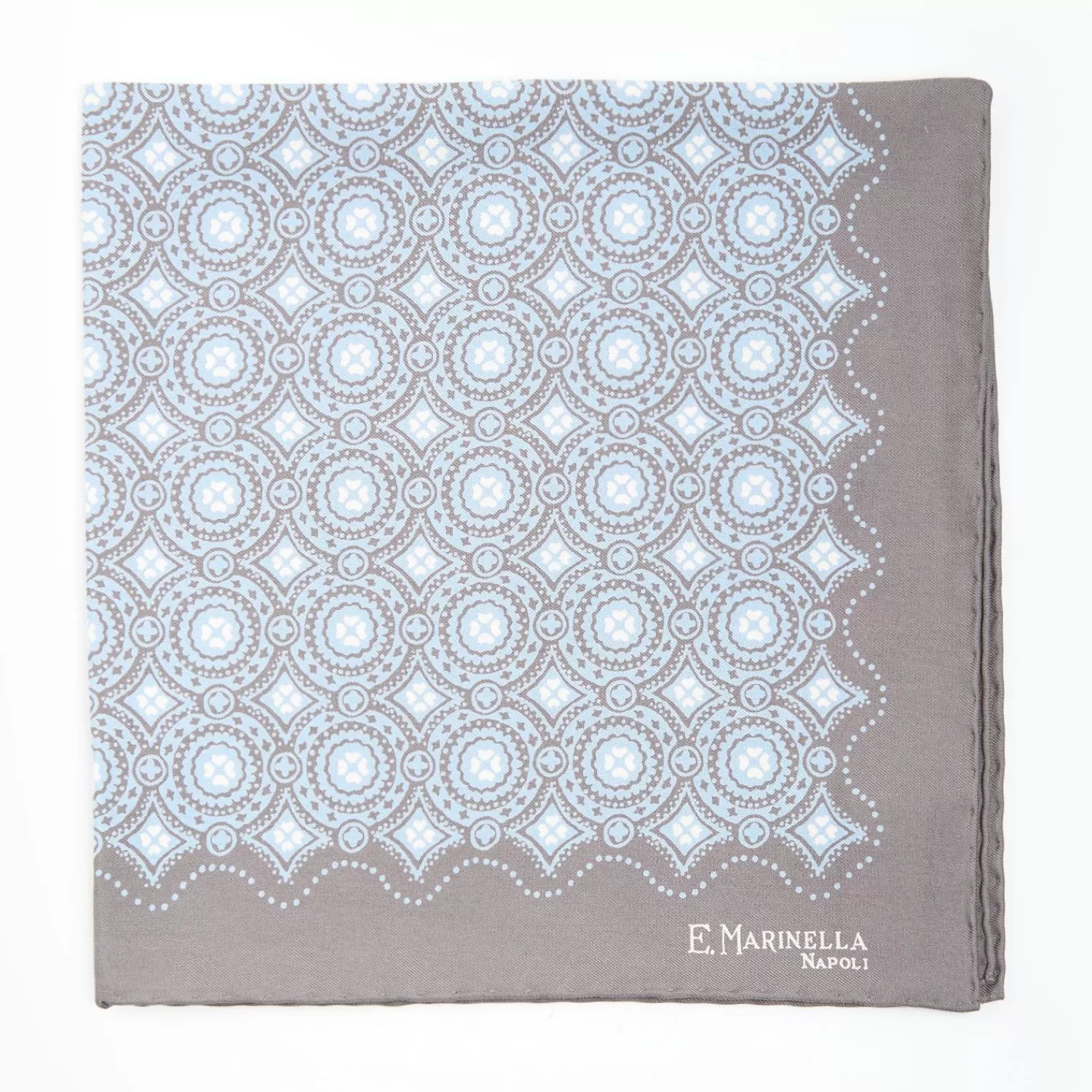 Light Grey Hand-Printed Silk Pocket Square Large Flower Pattern>E.Marinella Store