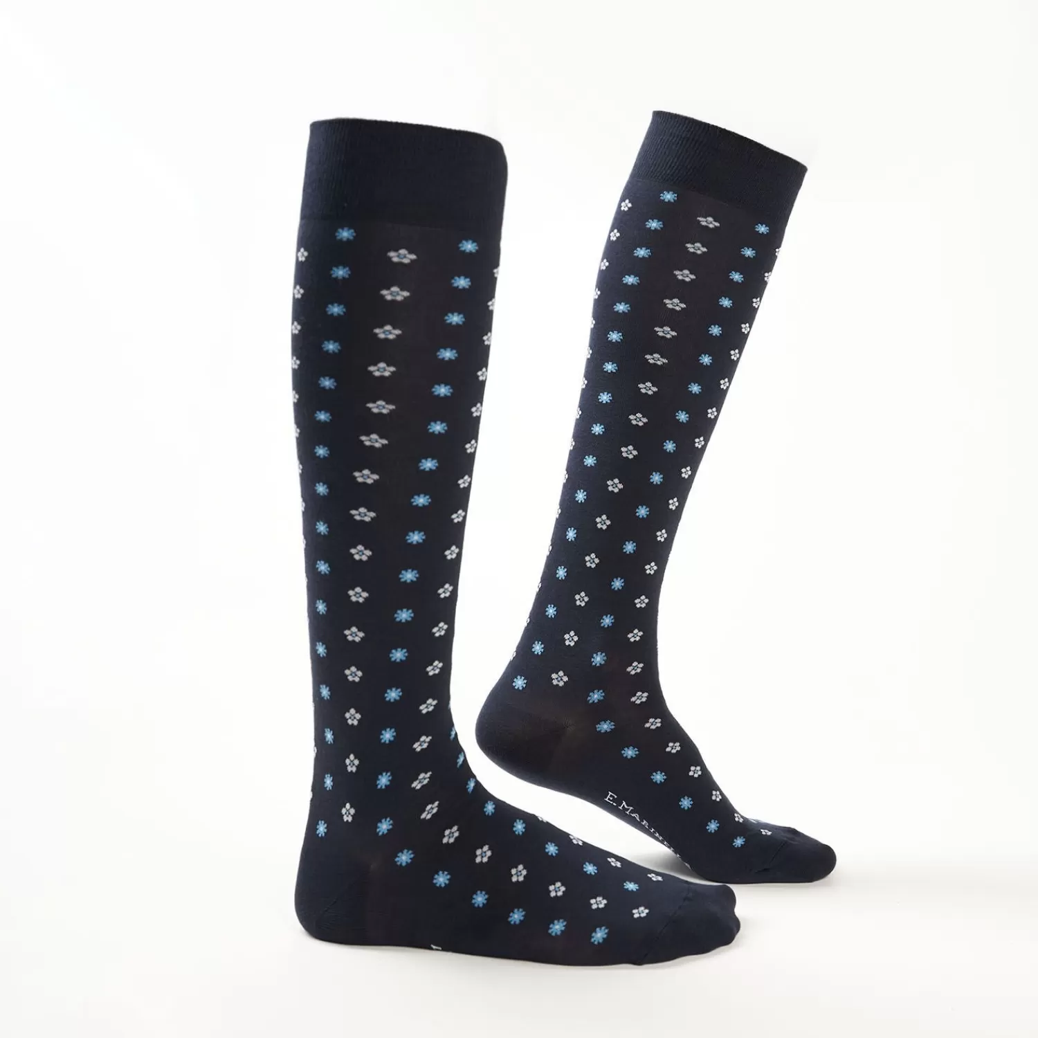 Long Blue Cotton Socks - Small Flower Pattern>E.Marinella Outlet